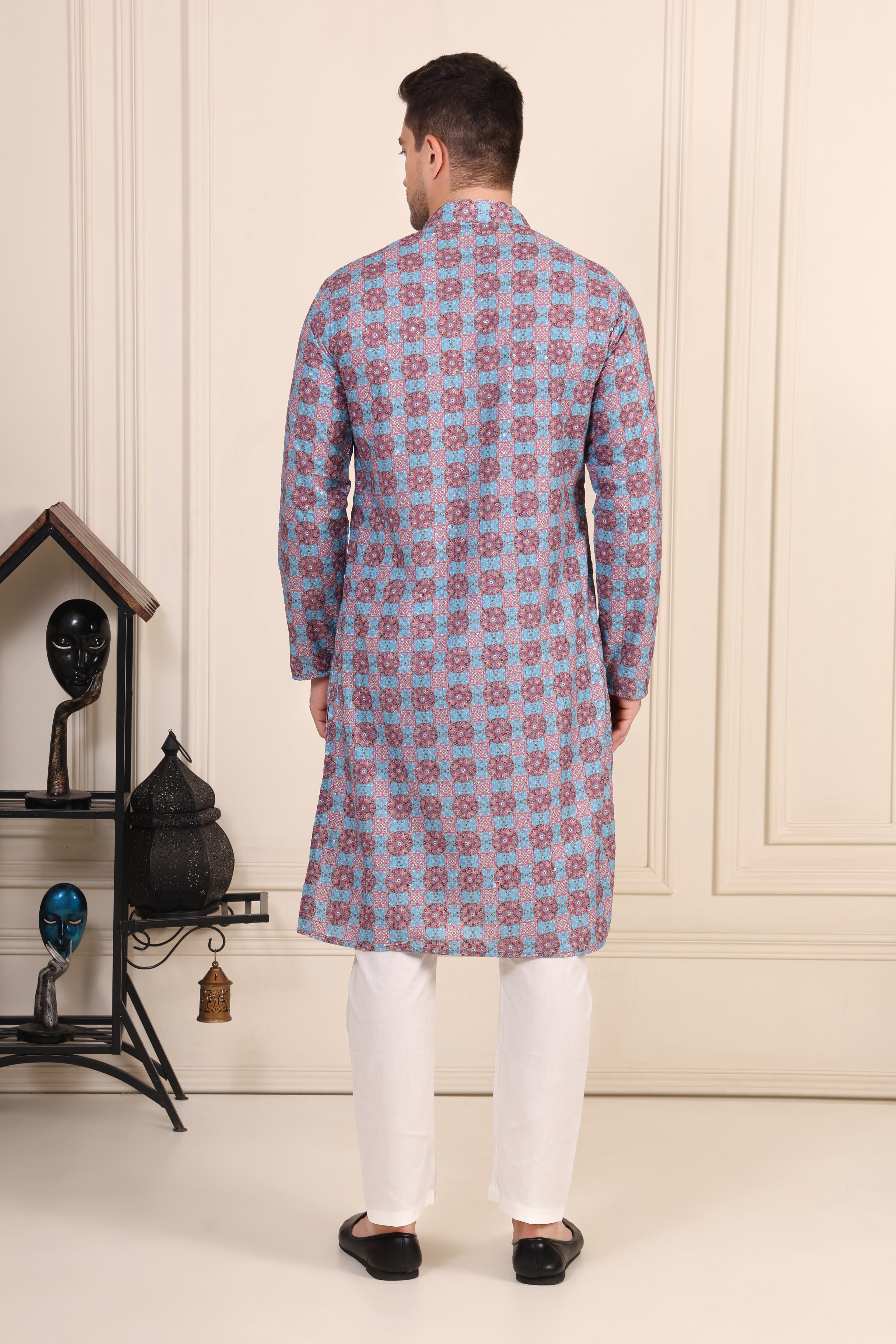 Men's Blue & Maroon Printed Cotton Kurta Set with White Pajama