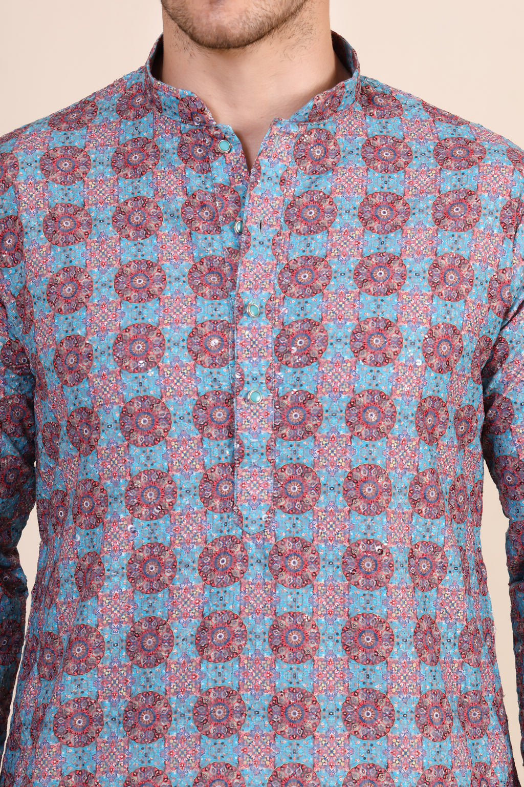 Men's Blue & Maroon Printed Cotton Kurta Set with White Pajama