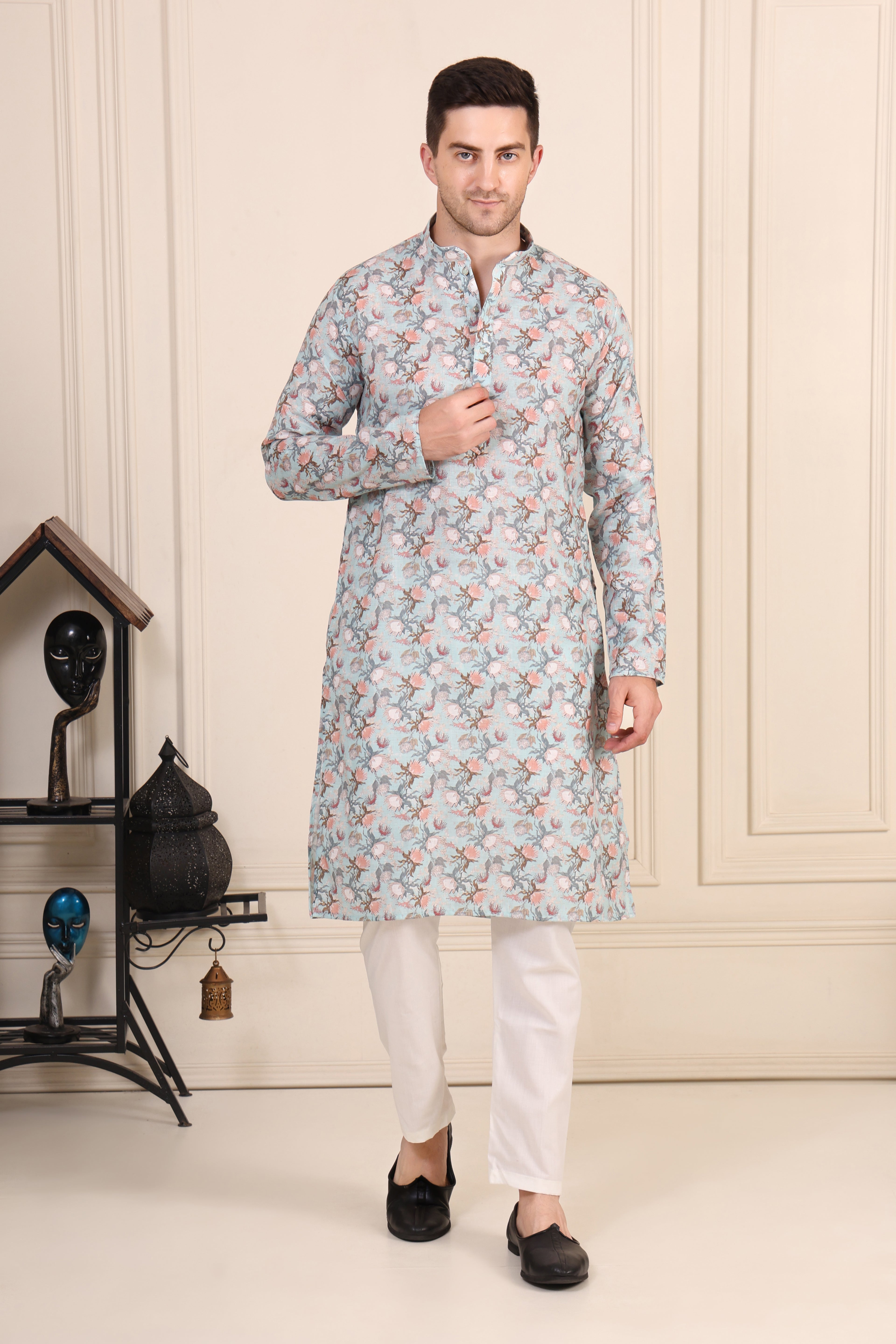Men's Pastel Blue Floral Printed Cotton Kurta Set with White Pajama