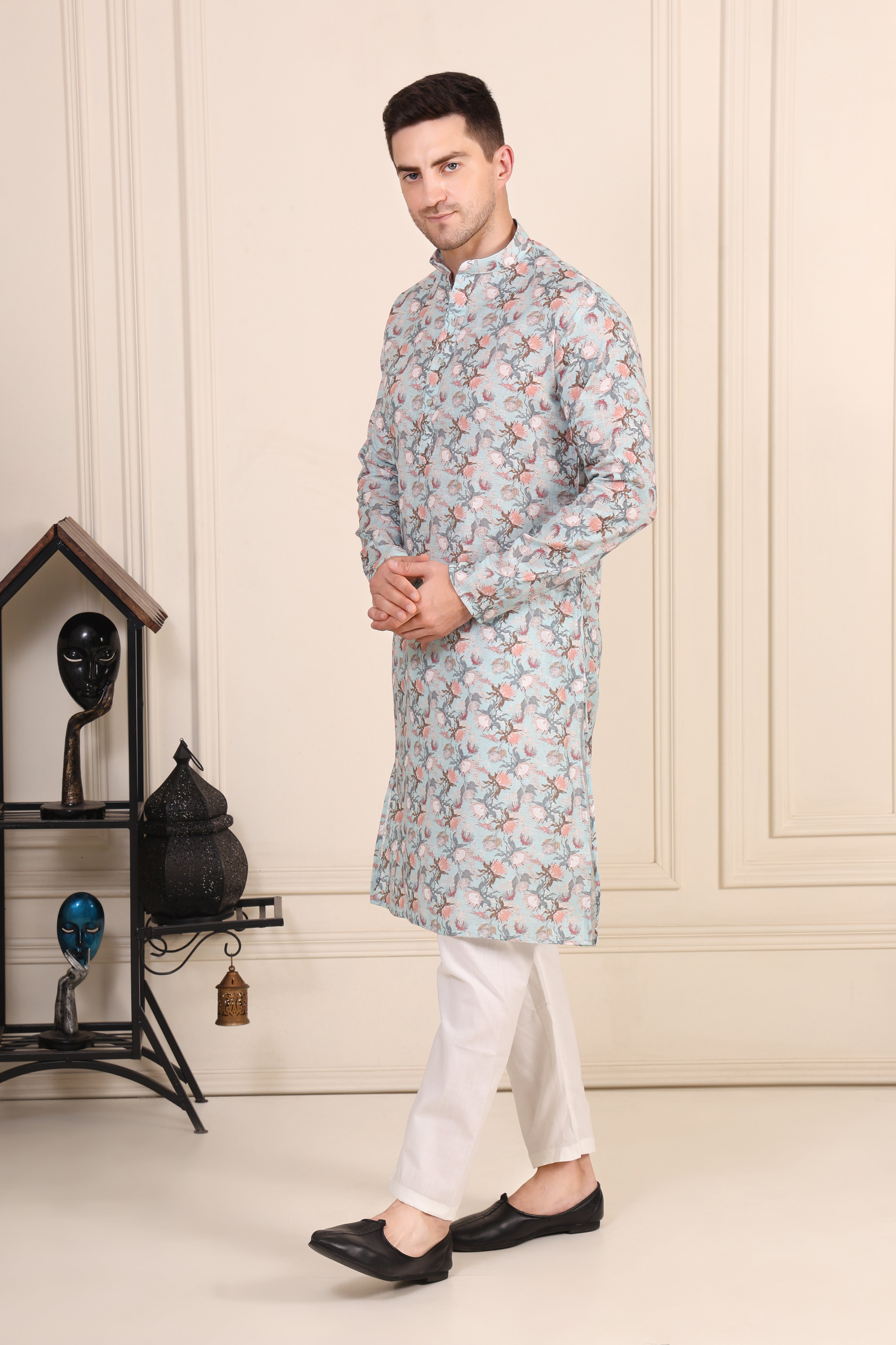 Men's Pastel Blue Floral Printed Cotton Kurta Set with White Pajama