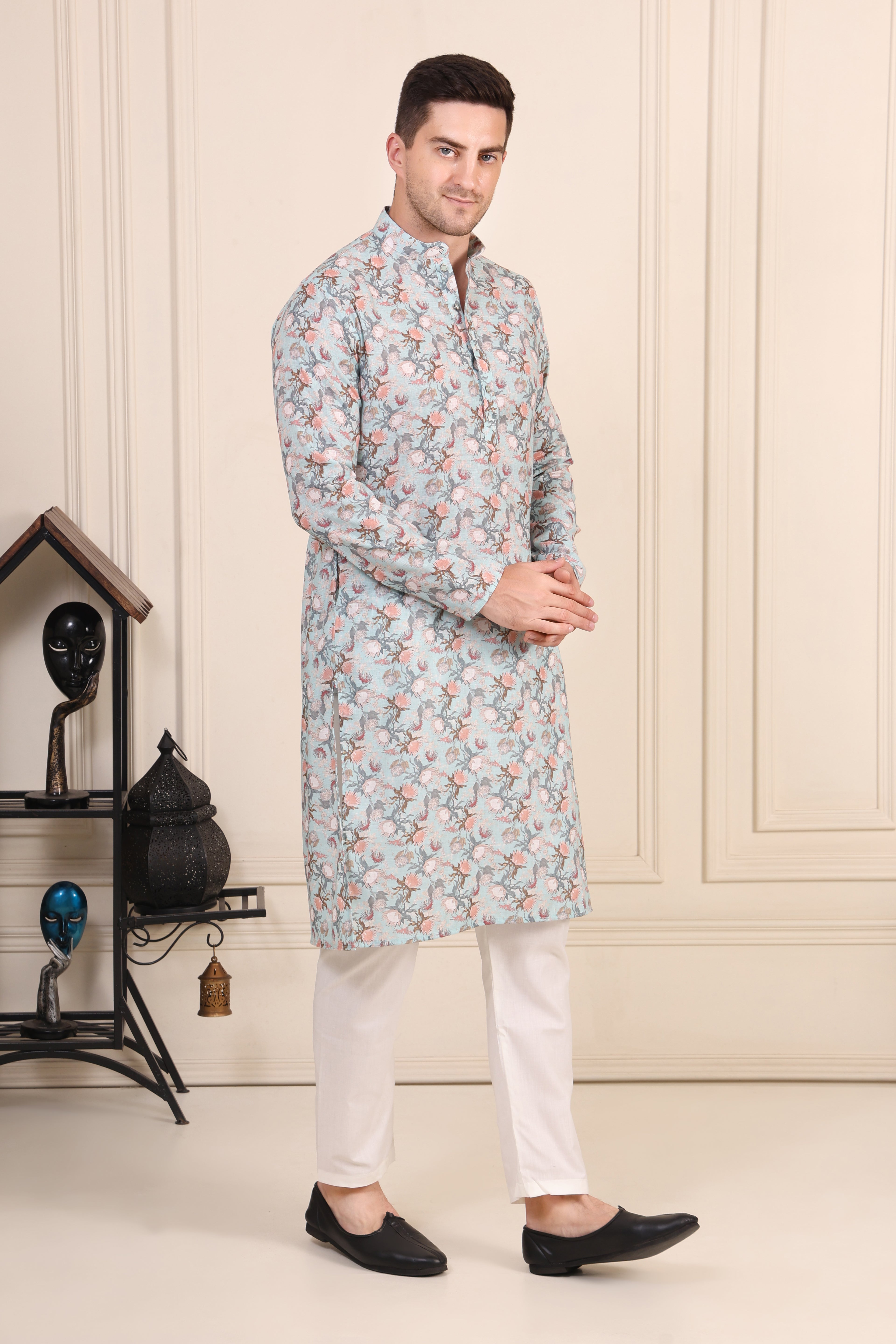 Men's Pastel Blue Floral Printed Cotton Kurta Set with White Pajama