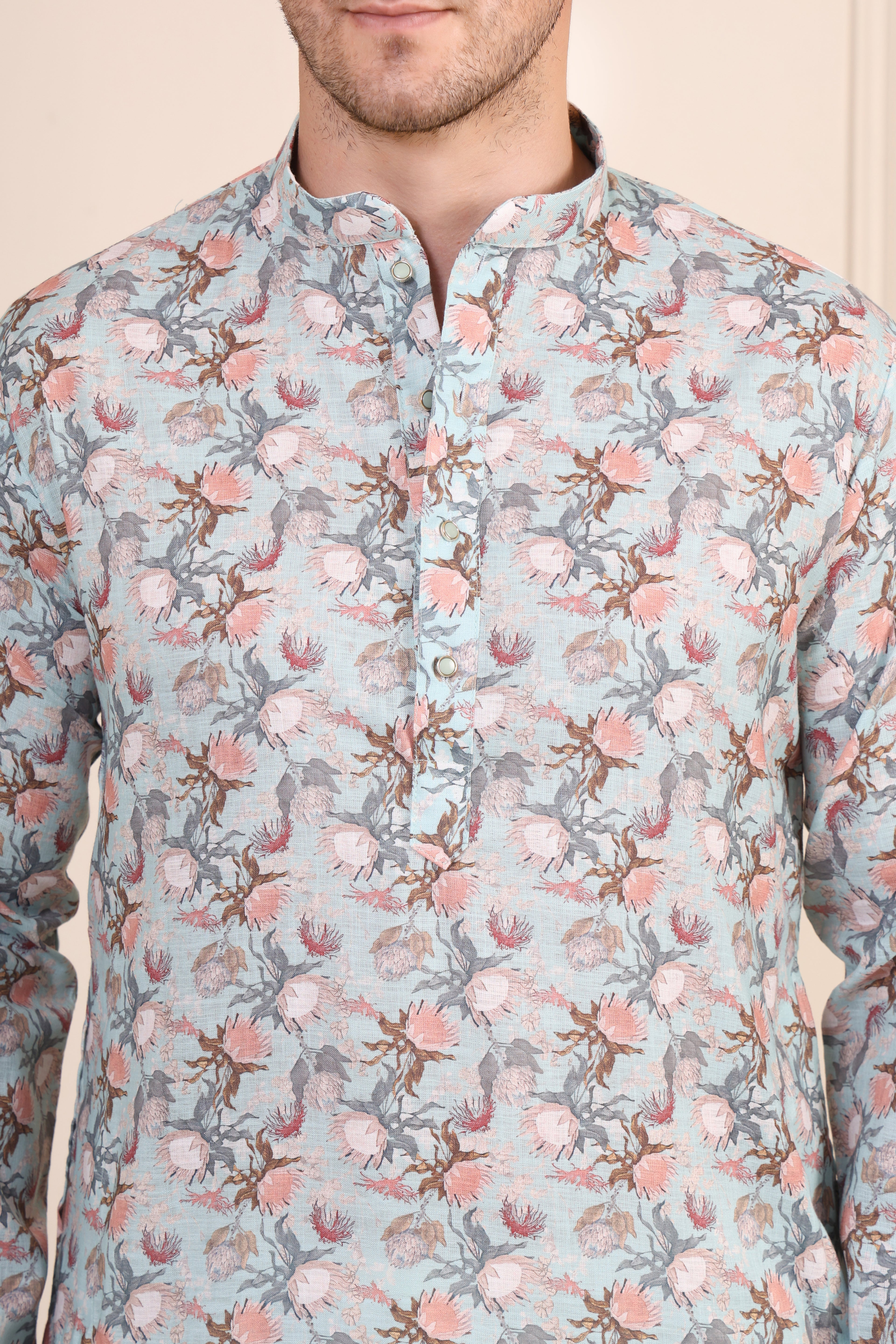 Men's Pastel Blue Floral Printed Cotton Kurta Set with White Pajama