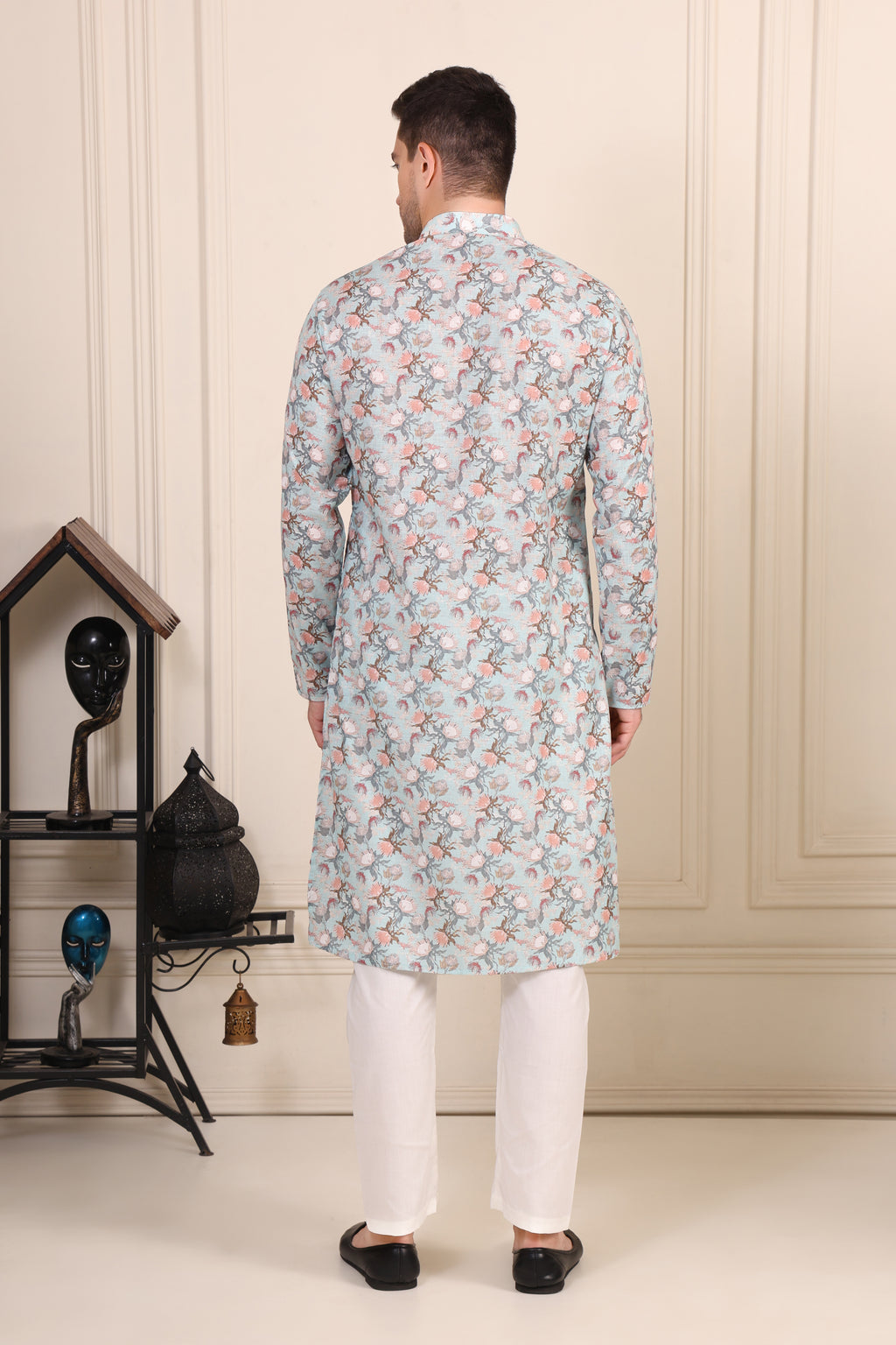 Men's Pastel Blue Floral Printed Cotton Kurta Set with White Pajama