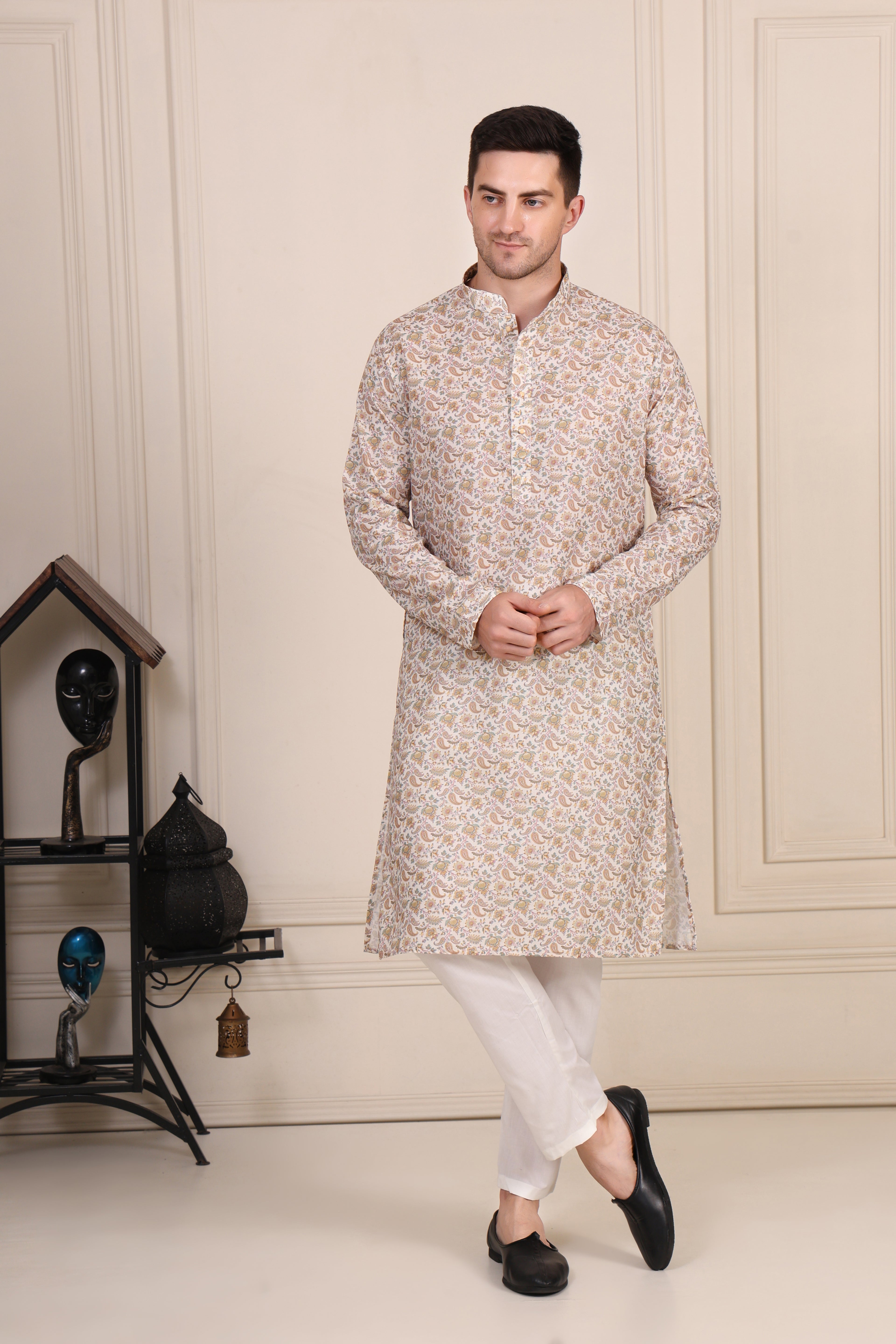Men’s Beige Paisley Printed Cotton Kurta Set with White Pajama