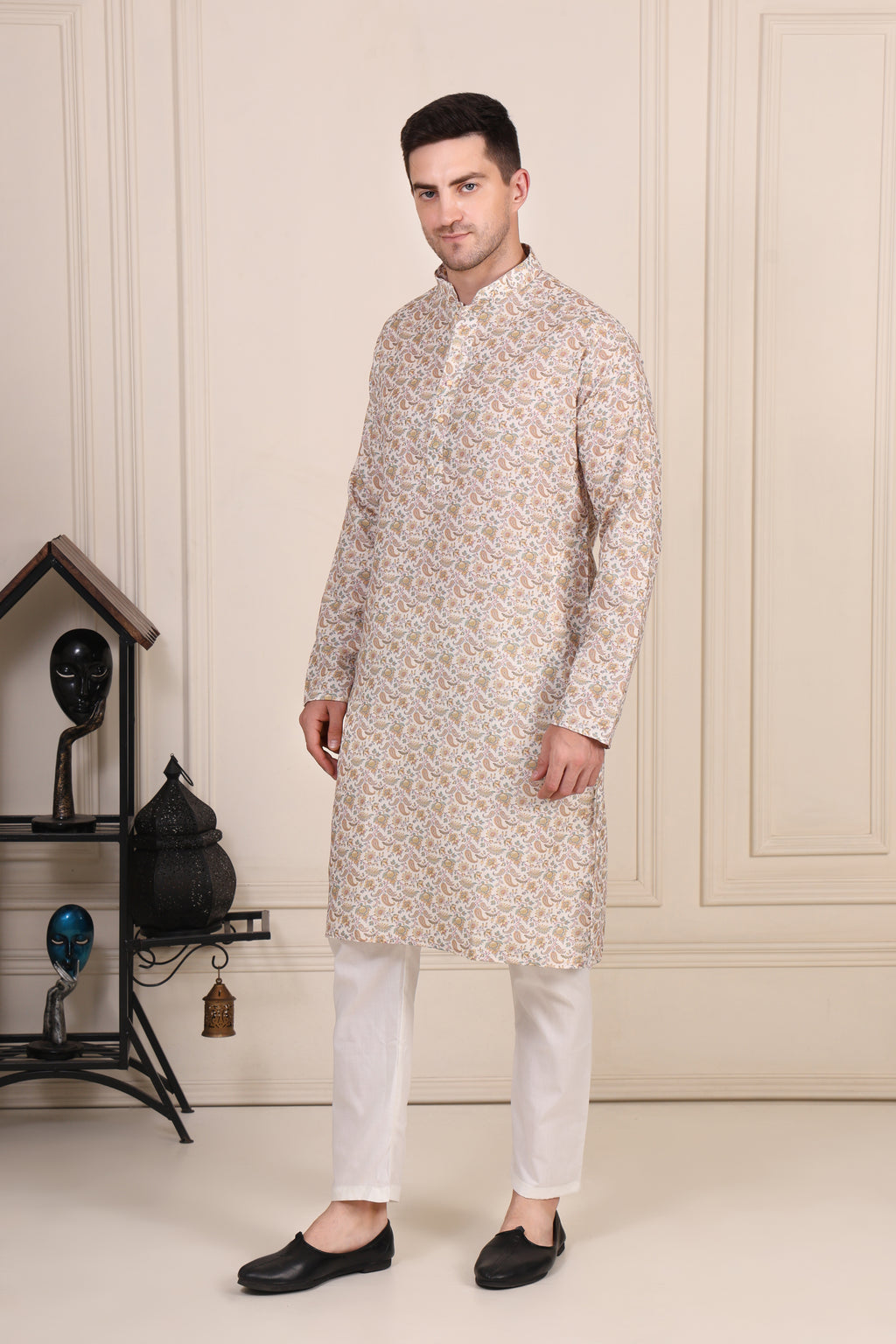 Men’s Beige Paisley Printed Cotton Kurta Set with White Pajama