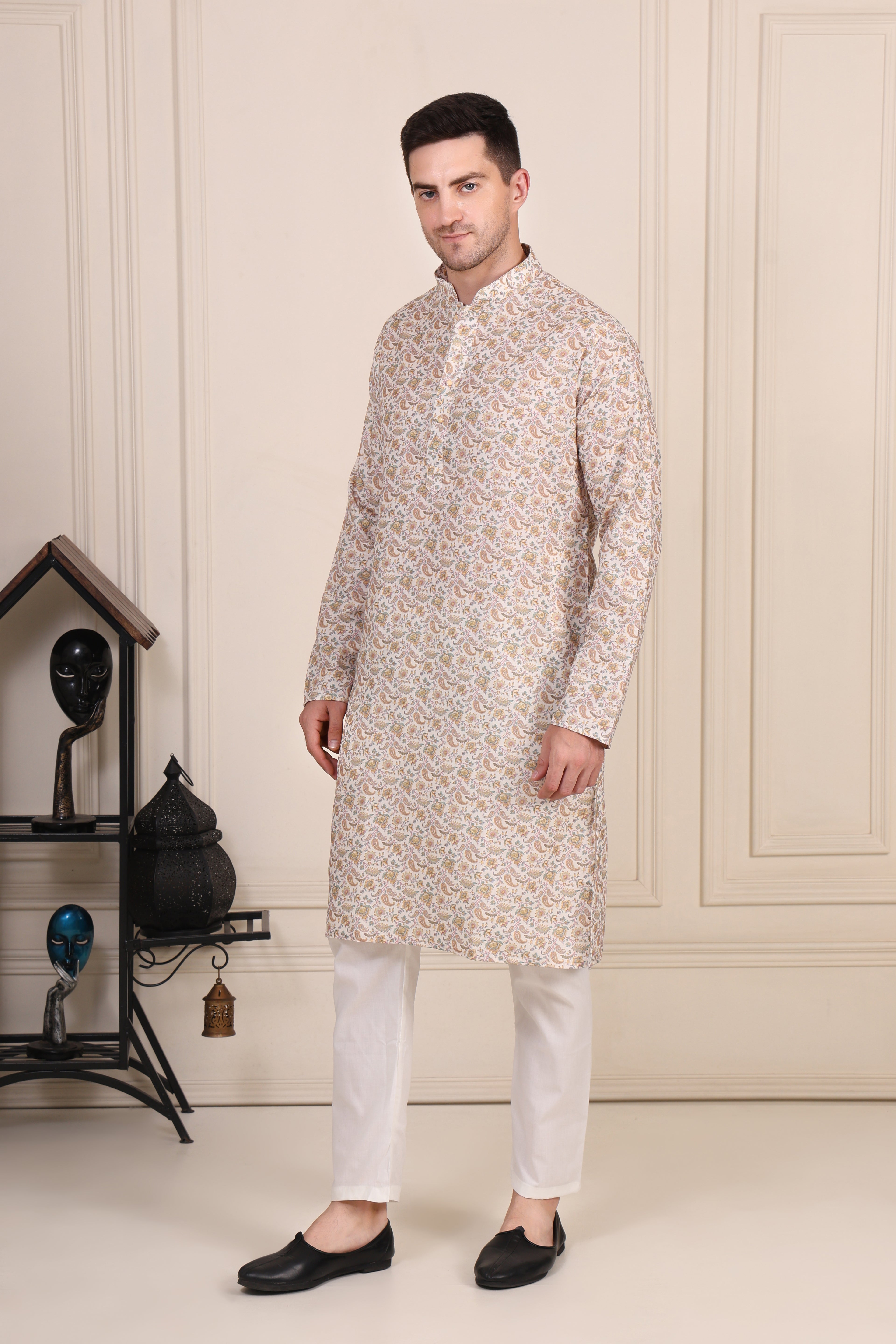 Men’s Beige Paisley Printed Cotton Kurta Set with White Pajama