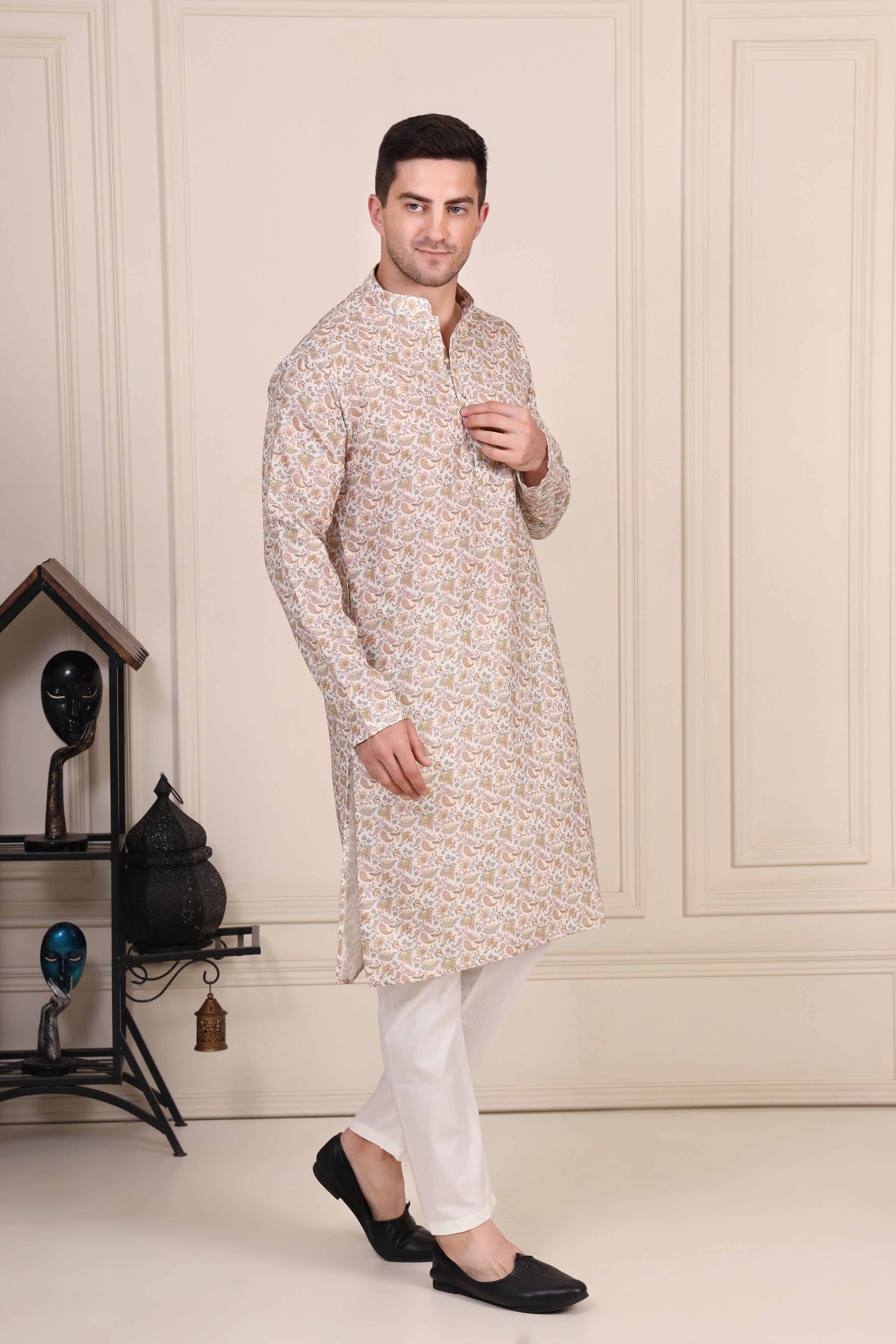 Men’s Beige Paisley Printed Cotton Kurta Set with White Pajama