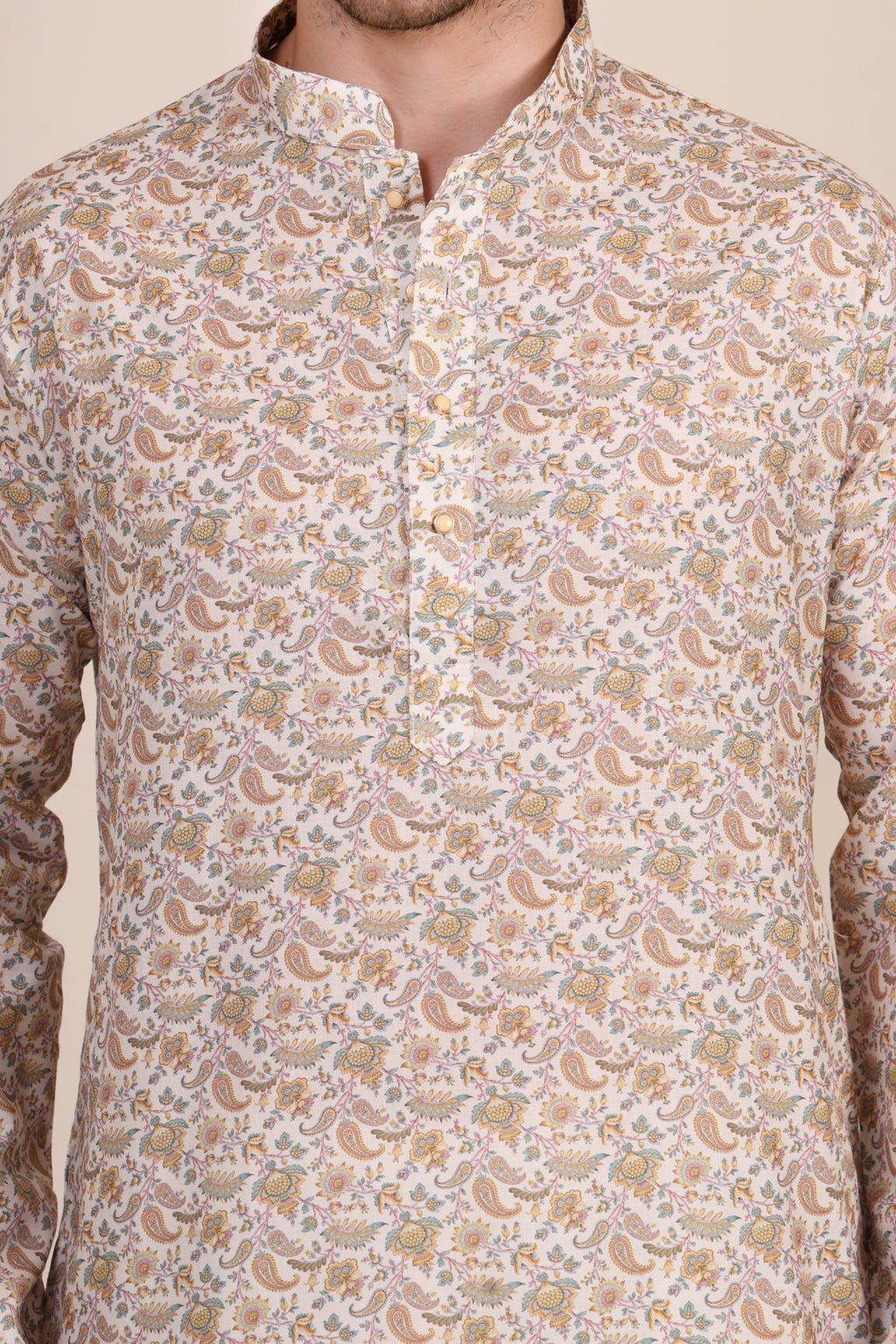 Men’s Beige Paisley Printed Cotton Kurta Set with White Pajama