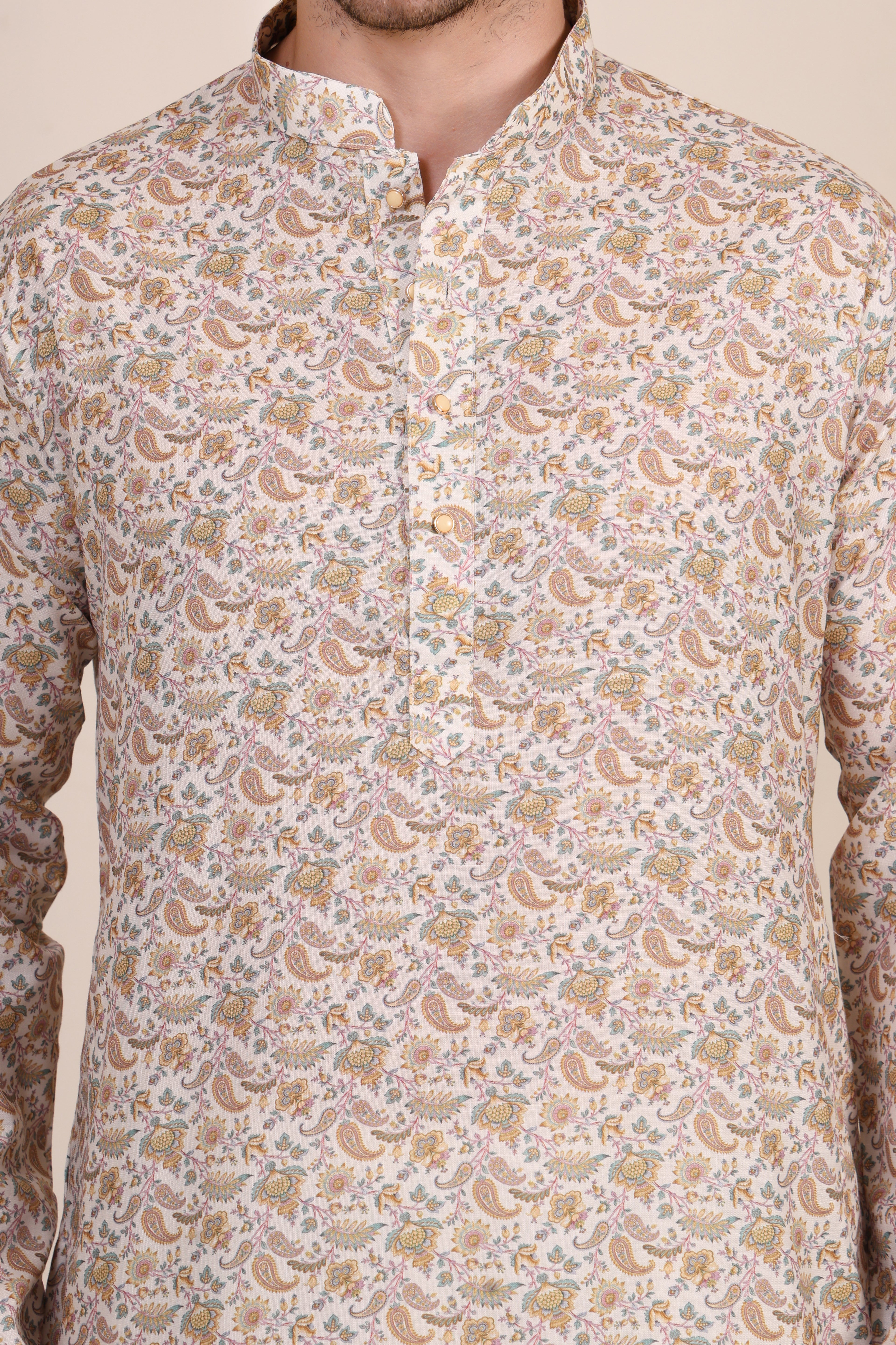 Men’s Beige Paisley Printed Cotton Kurta Set with White Pajama