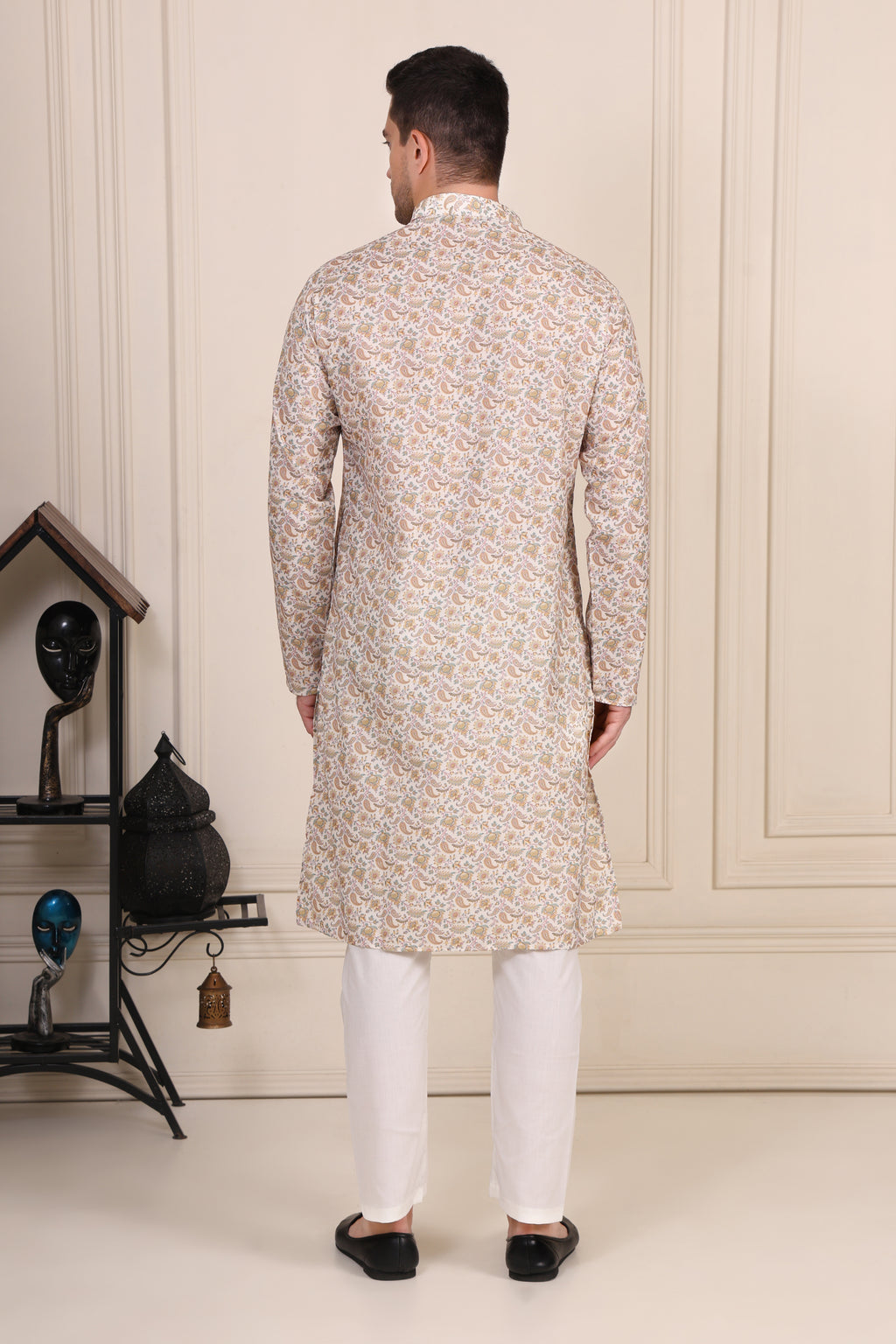 Men’s Beige Paisley Printed Cotton Kurta Set with White Pajama