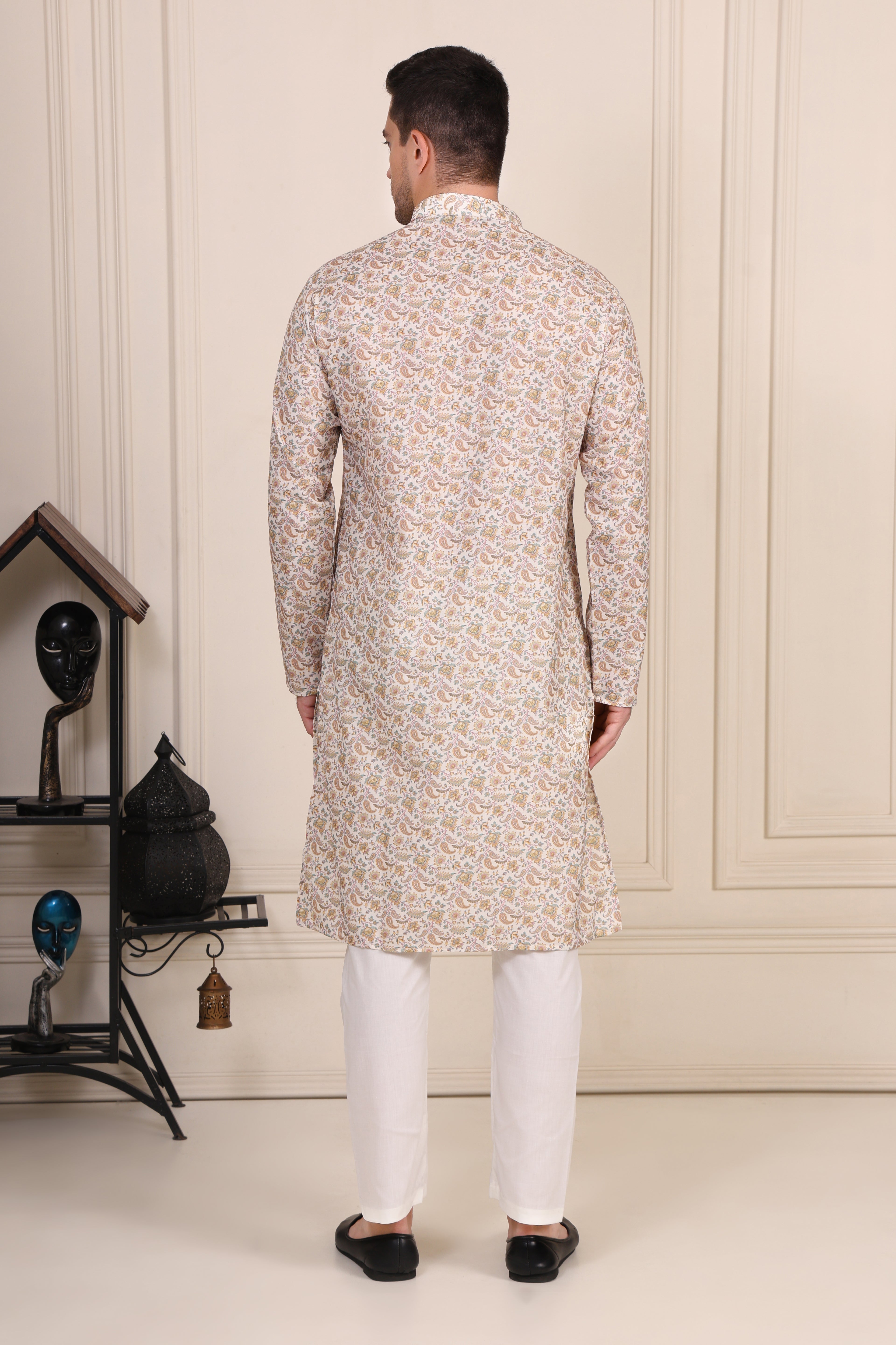 Men’s Beige Paisley Printed Cotton Kurta Set with White Pajama