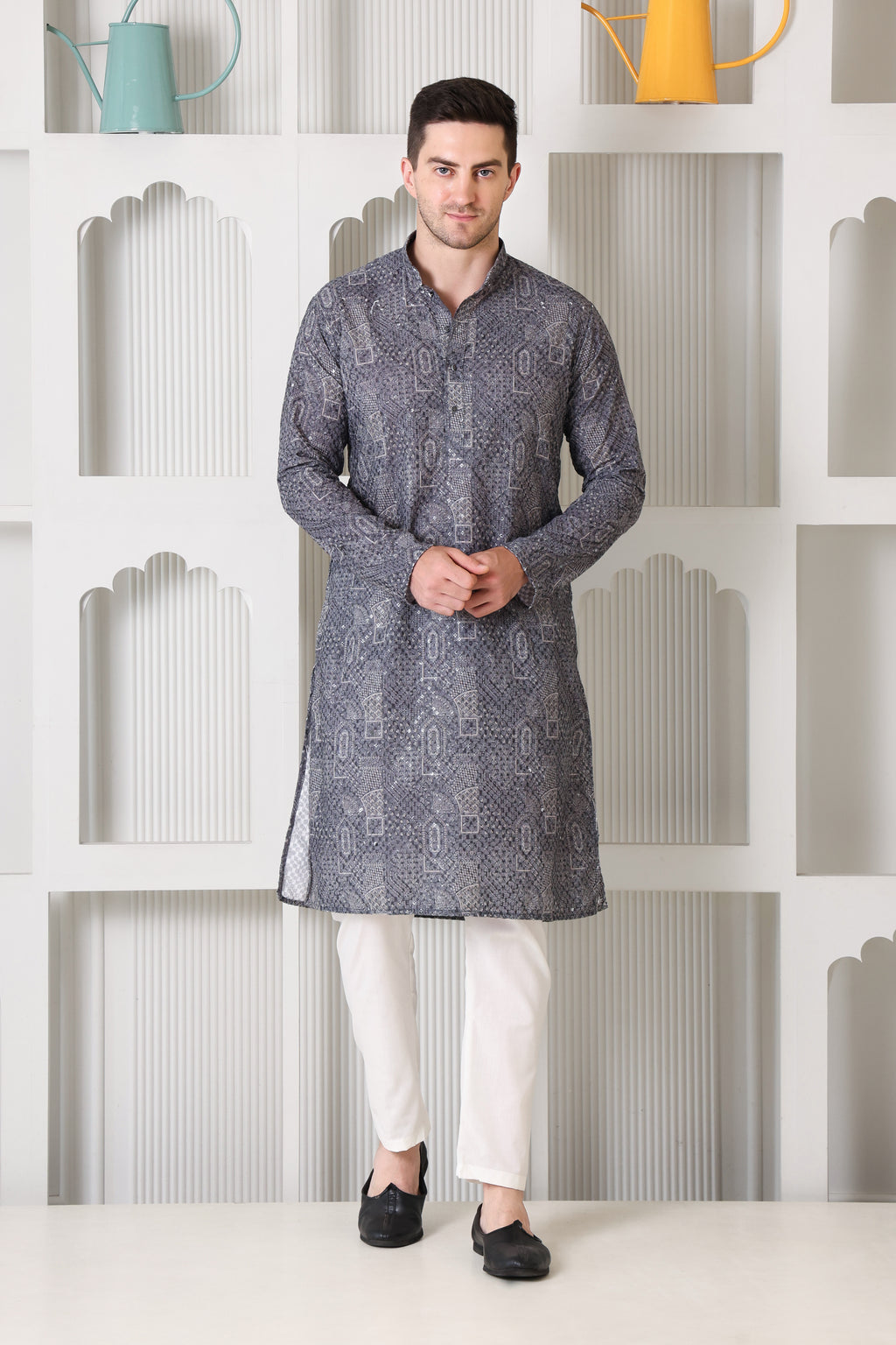 Grey Printed Cotton Kurta Set with White Pajama