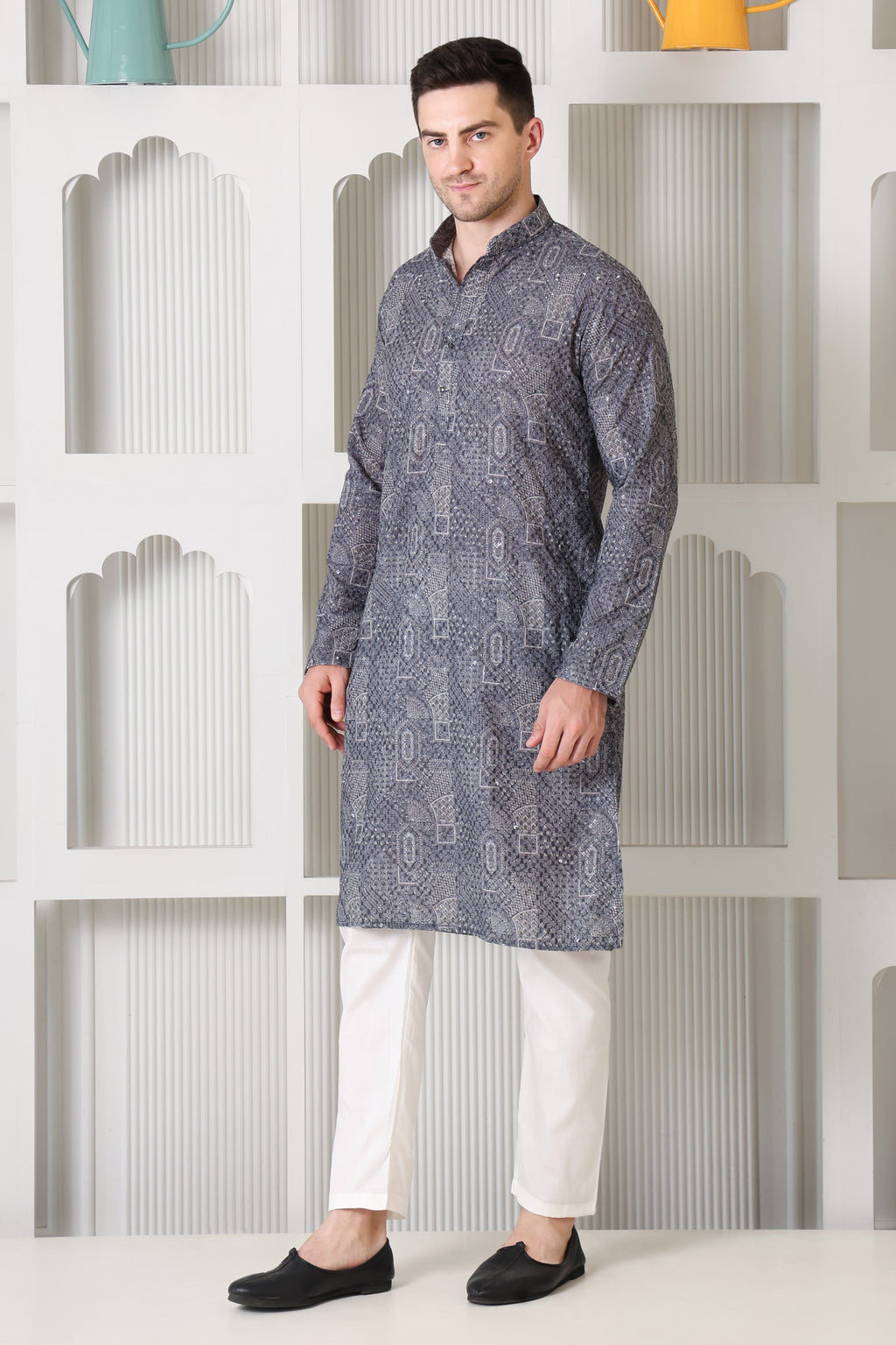 Grey Printed Cotton Kurta Set with White Pajama