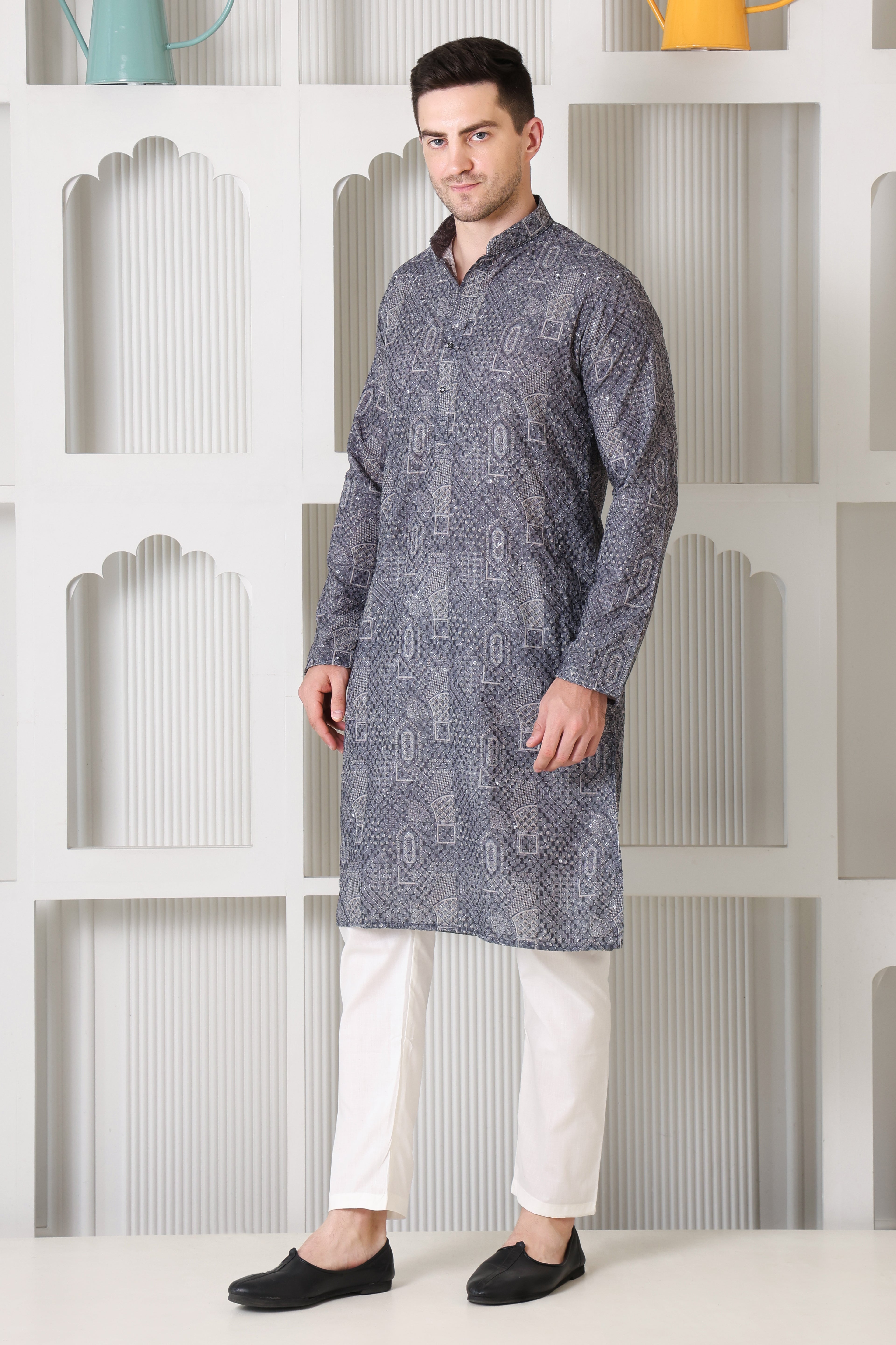 Grey Printed Cotton Kurta Set with White Pajama