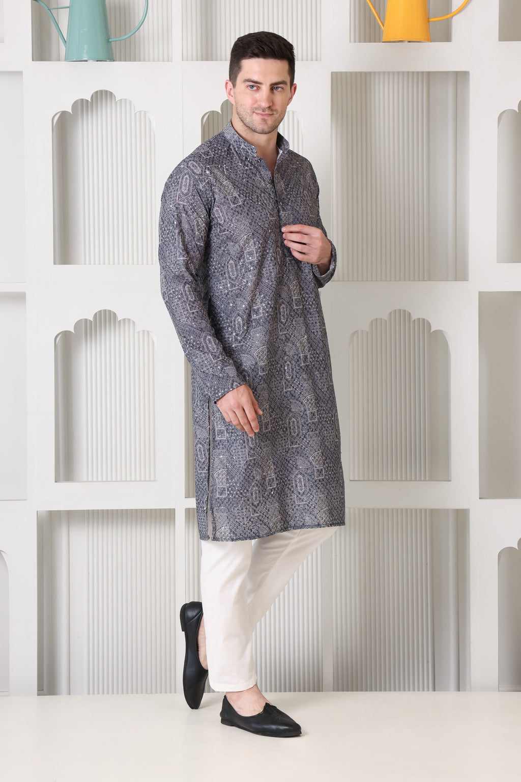 Grey Printed Cotton Kurta Set with White Pajama