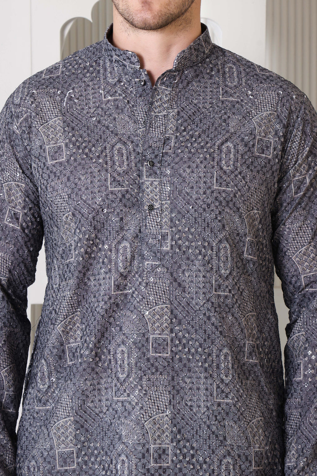 Grey Printed Cotton Kurta Set with White Pajama