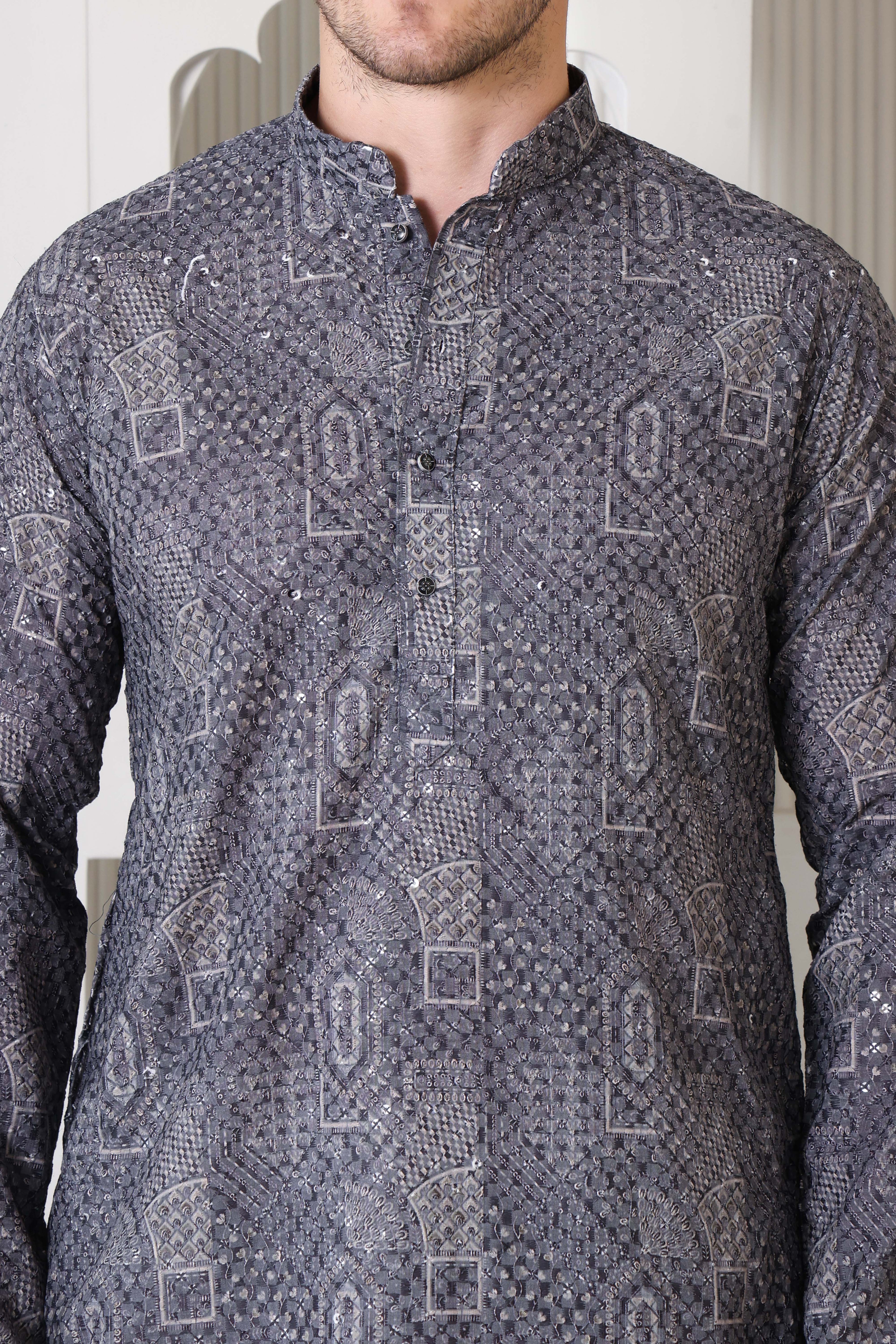 Grey Printed Cotton Kurta Set with White Pajama
