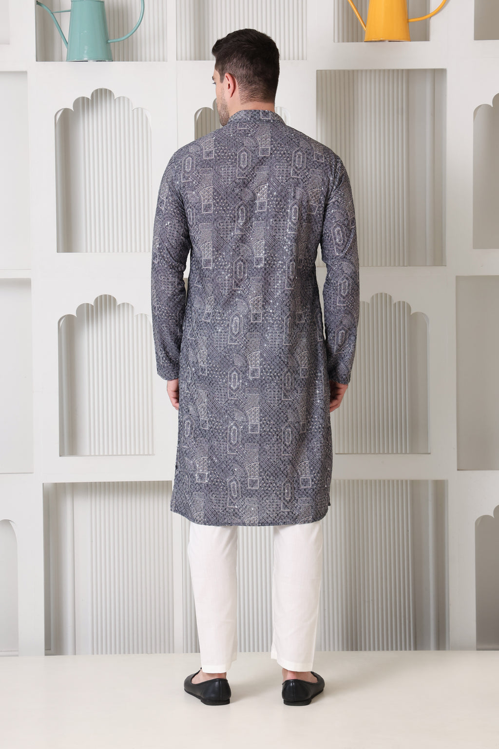 Grey Printed Cotton Kurta Set with White Pajama