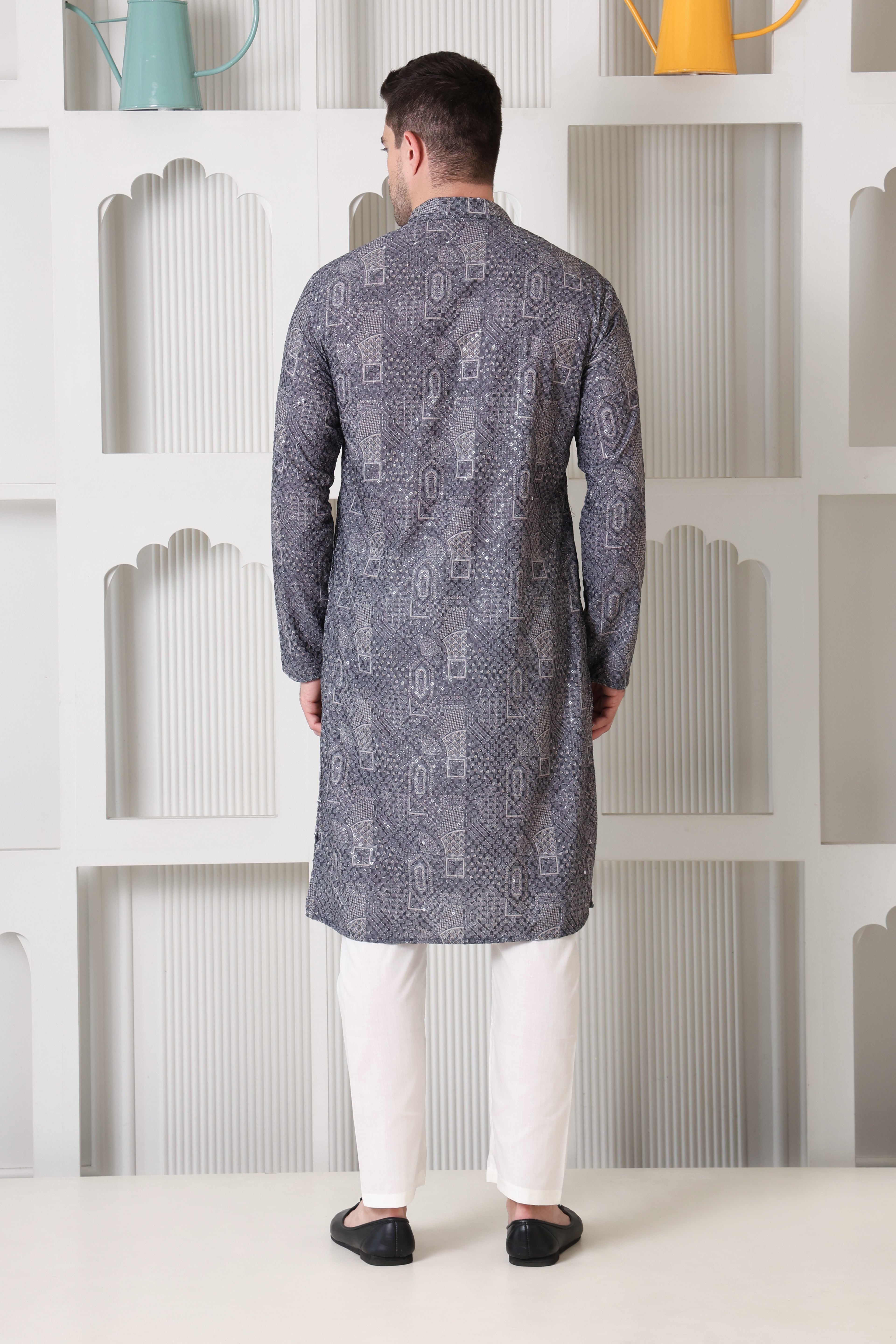 Grey Printed Cotton Kurta Set with White Pajama