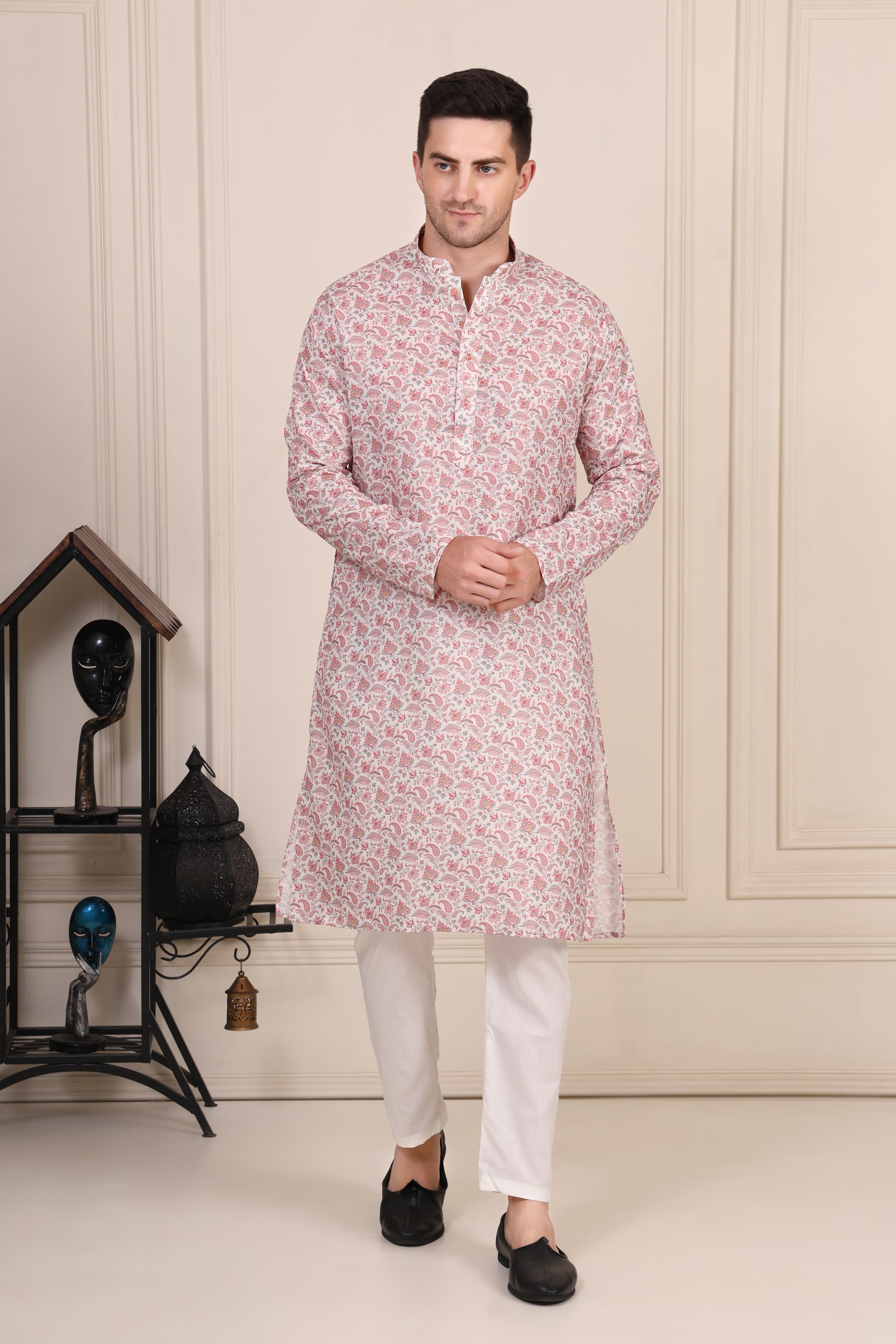 Pink & White Floral Printed Cotton Kurta Set with Pajama