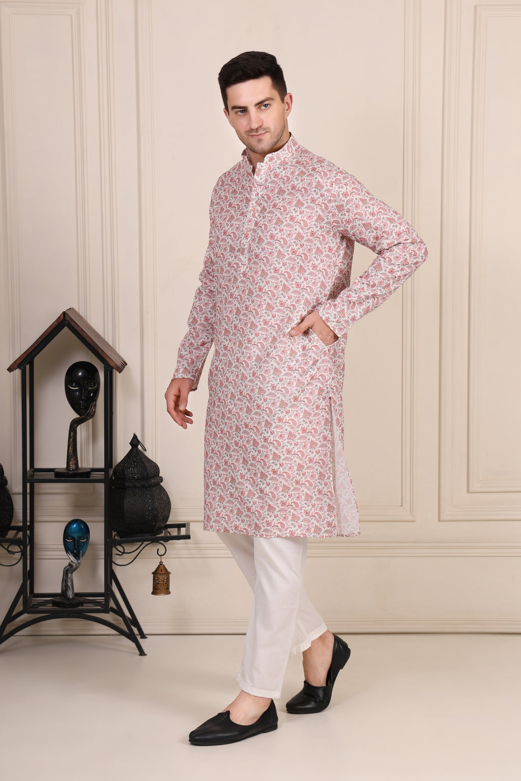 Pink & White Floral Printed Cotton Kurta Set with Pajama