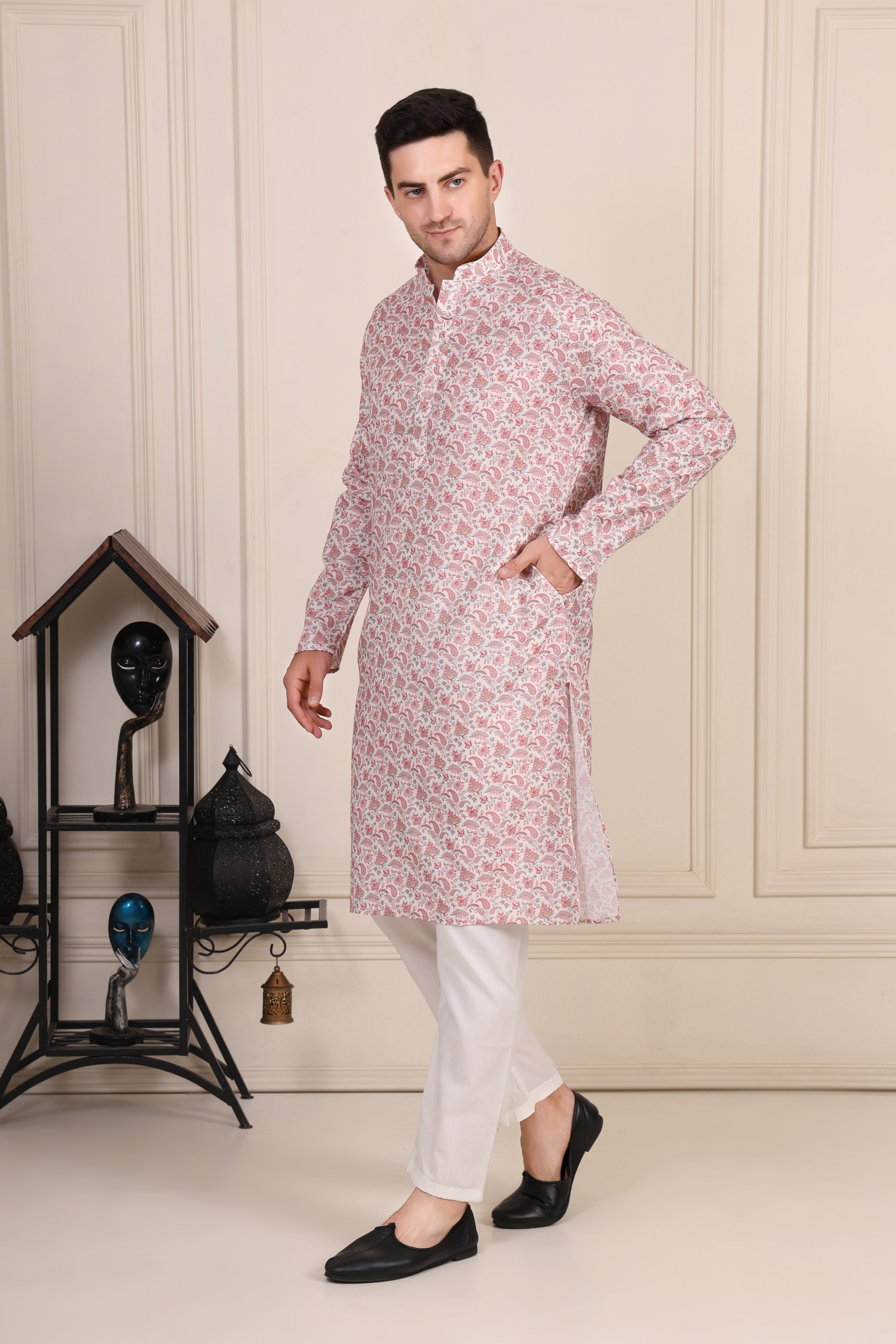 Pink & White Floral Printed Cotton Kurta Set with Pajama