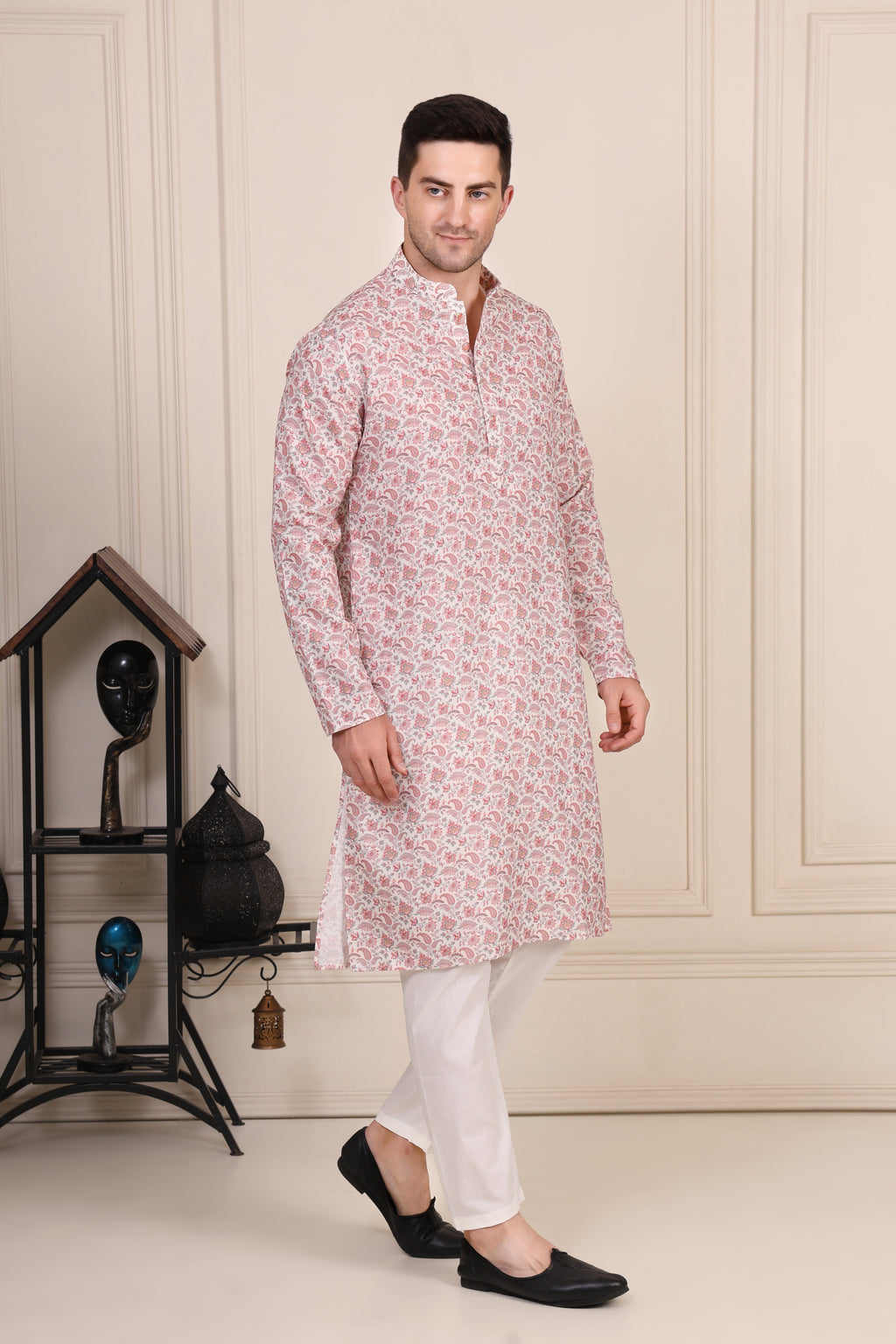 Pink & White Floral Printed Cotton Kurta Set with Pajama