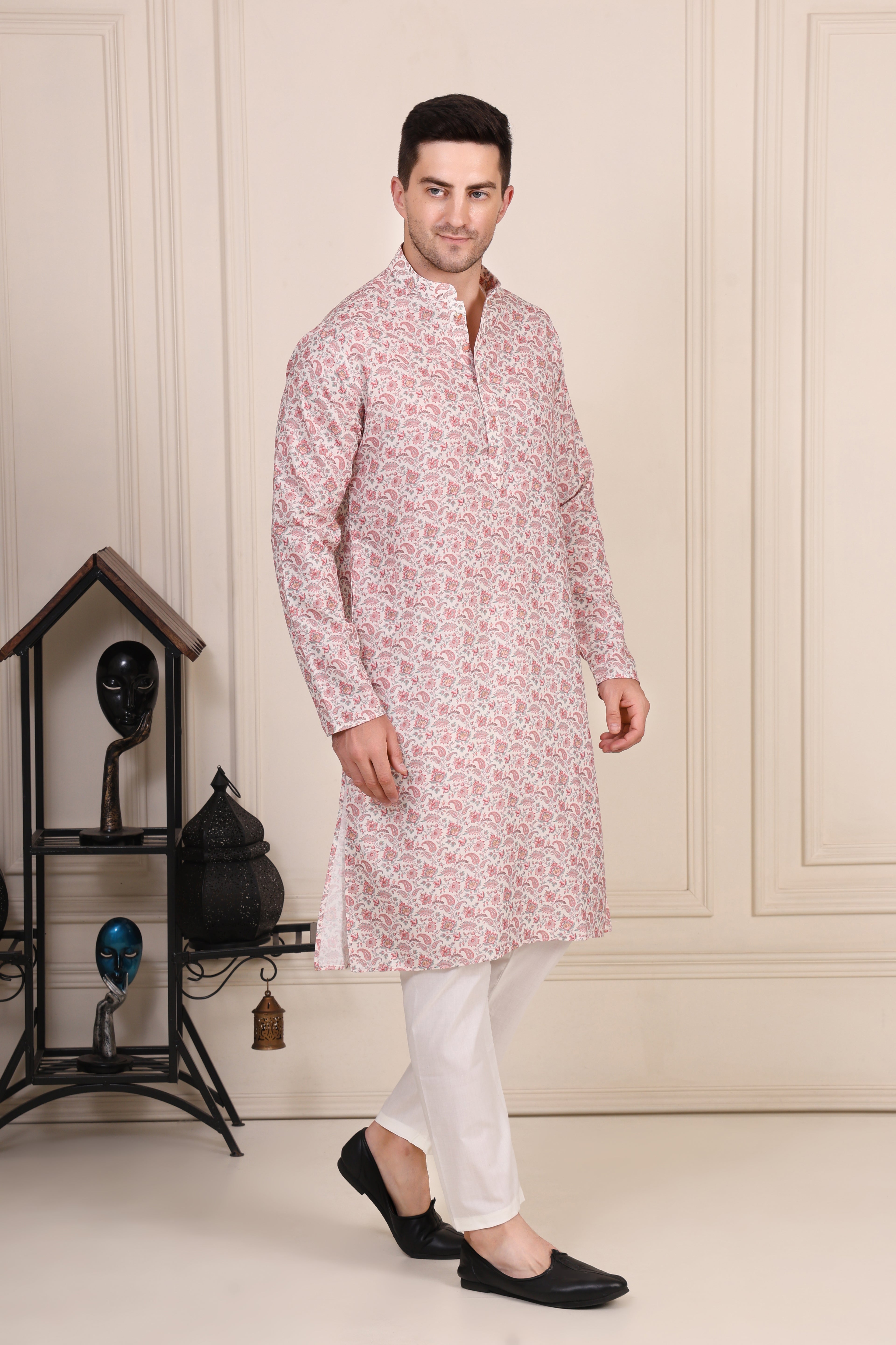 Pink & White Floral Printed Cotton Kurta Set with Pajama