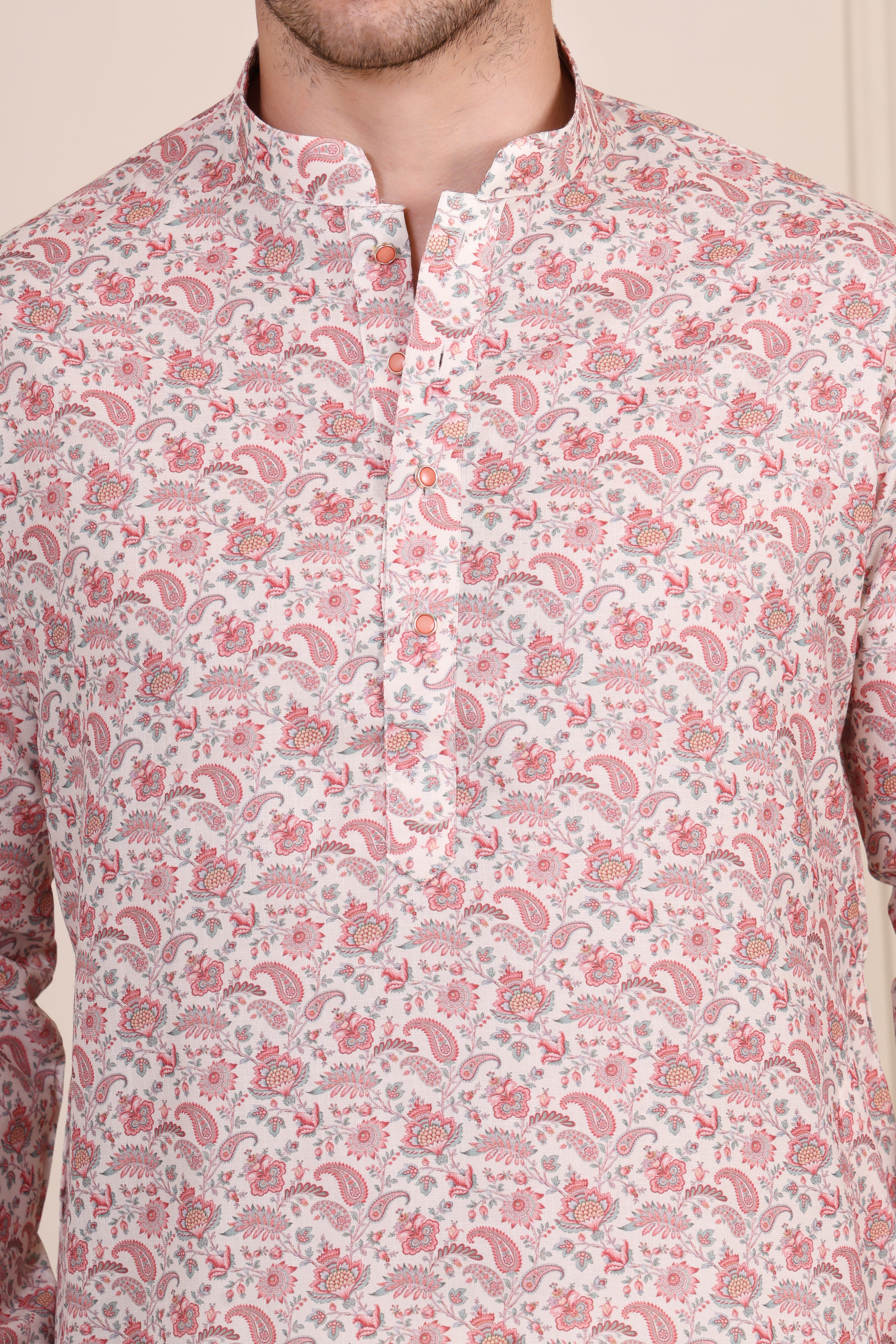 Pink & White Floral Printed Cotton Kurta Set with Pajama