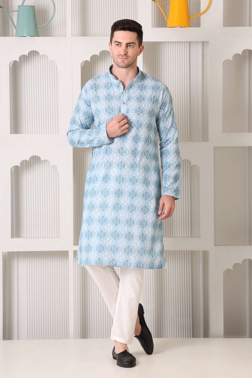 Sky Blue and White Printed Cotton Kurta Set with White Pajama