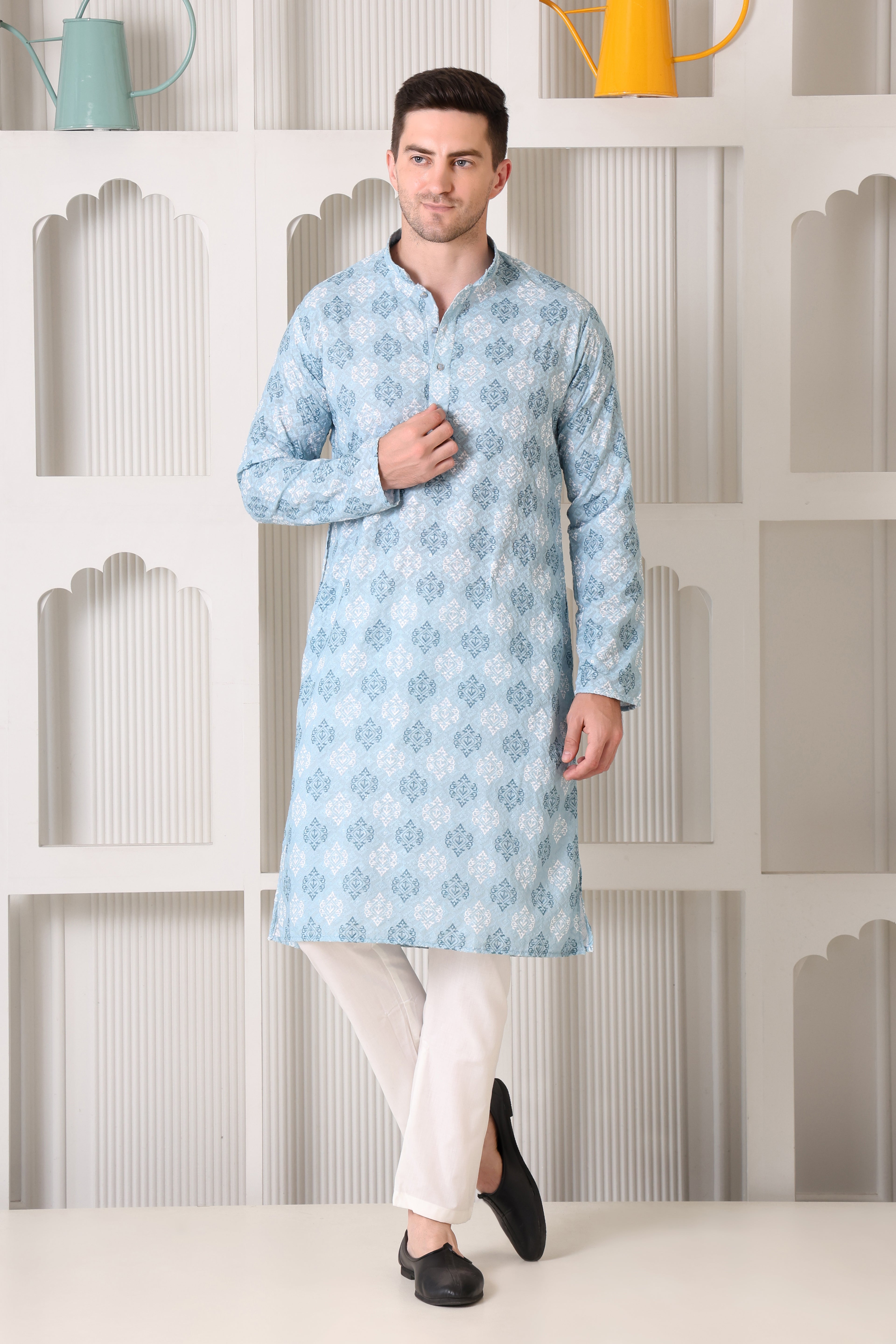 Sky Blue and White Printed Cotton Kurta Set with White Pajama