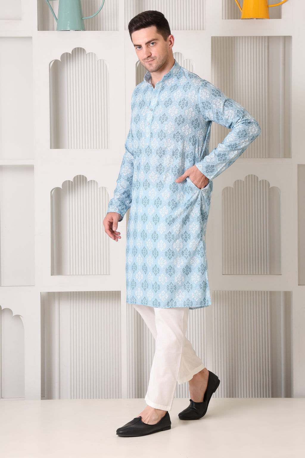 Sky Blue and White Printed Cotton Kurta Set with White Pajama