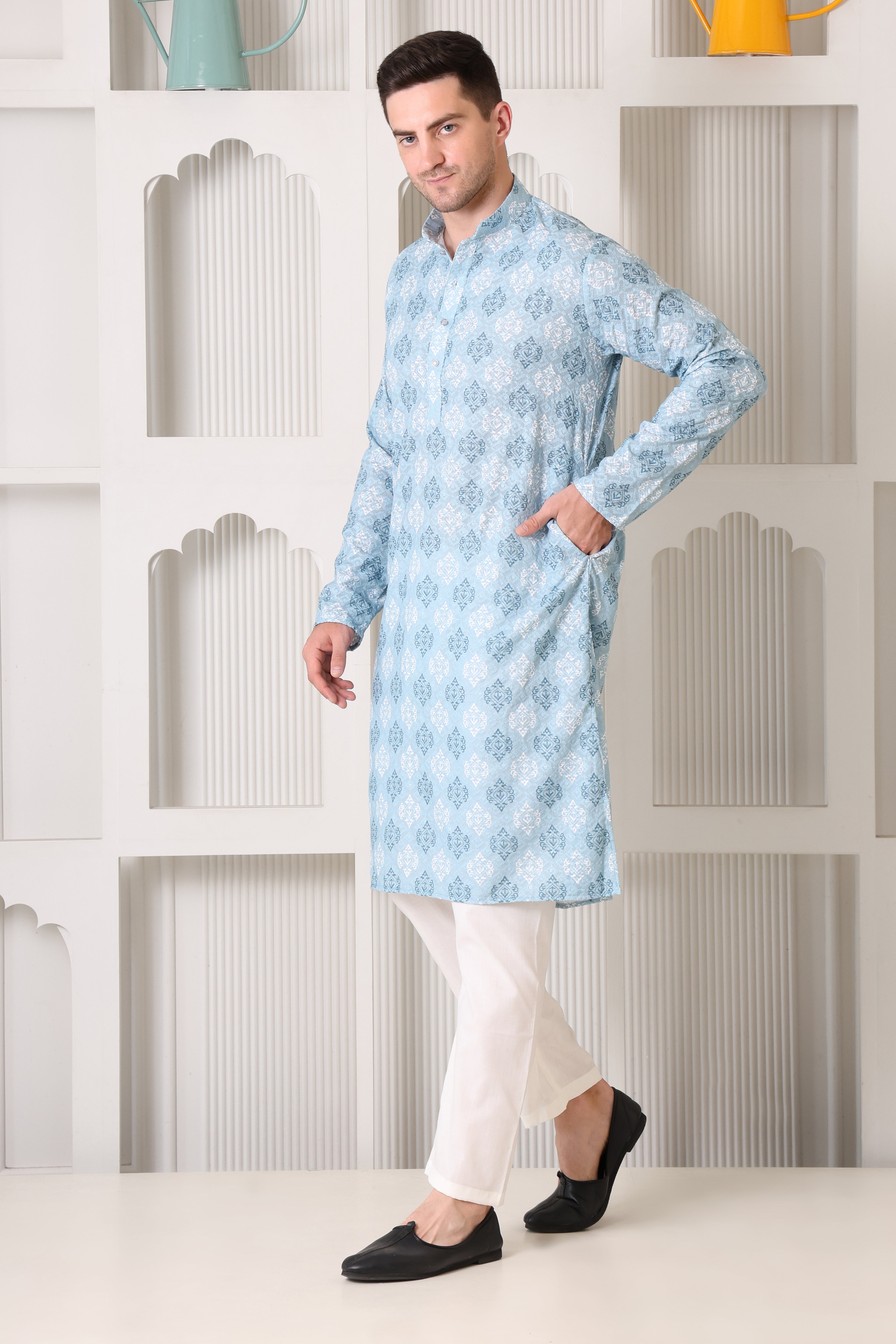 Sky Blue and White Printed Cotton Kurta Set with White Pajama