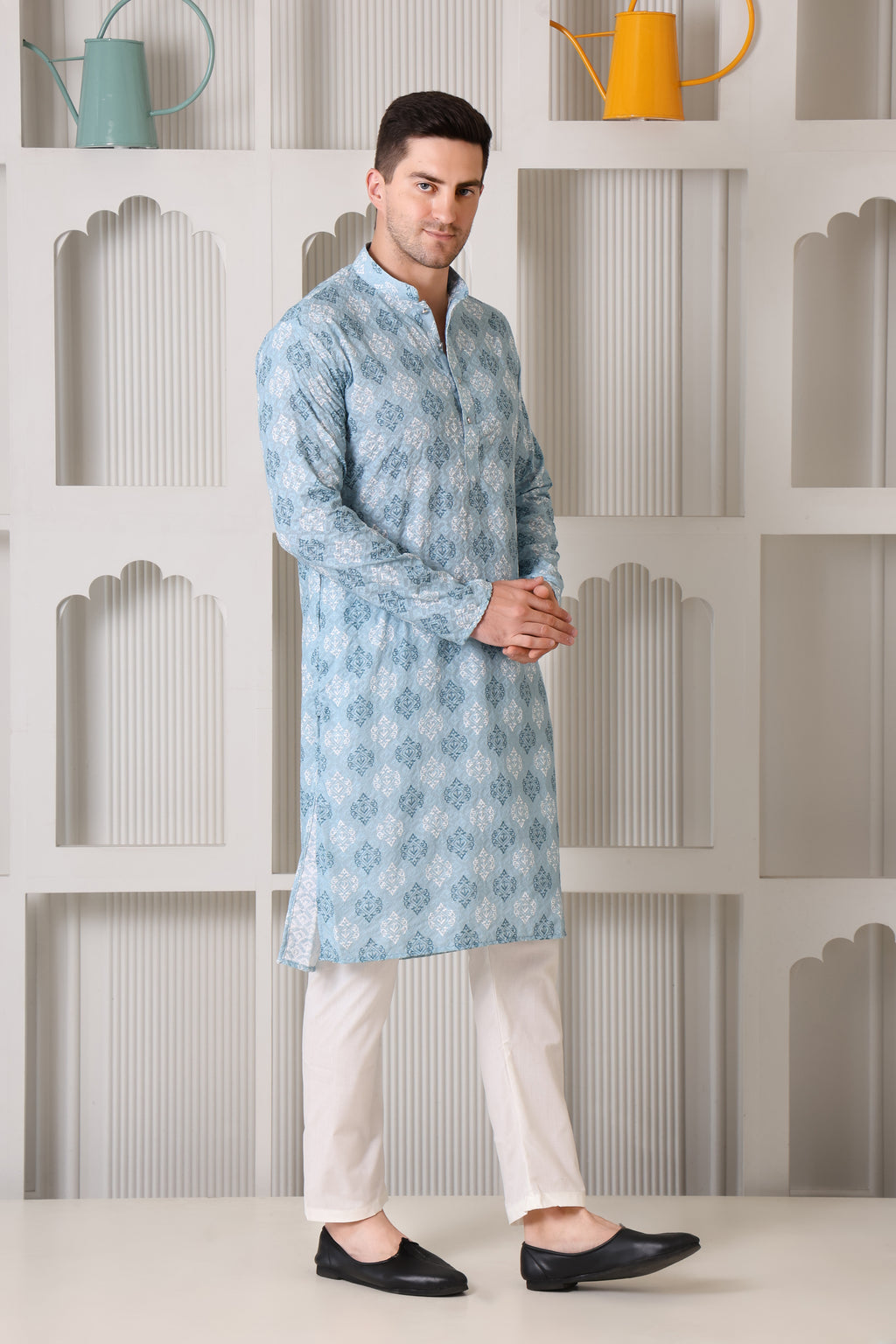 Sky Blue and White Printed Cotton Kurta Set with White Pajama