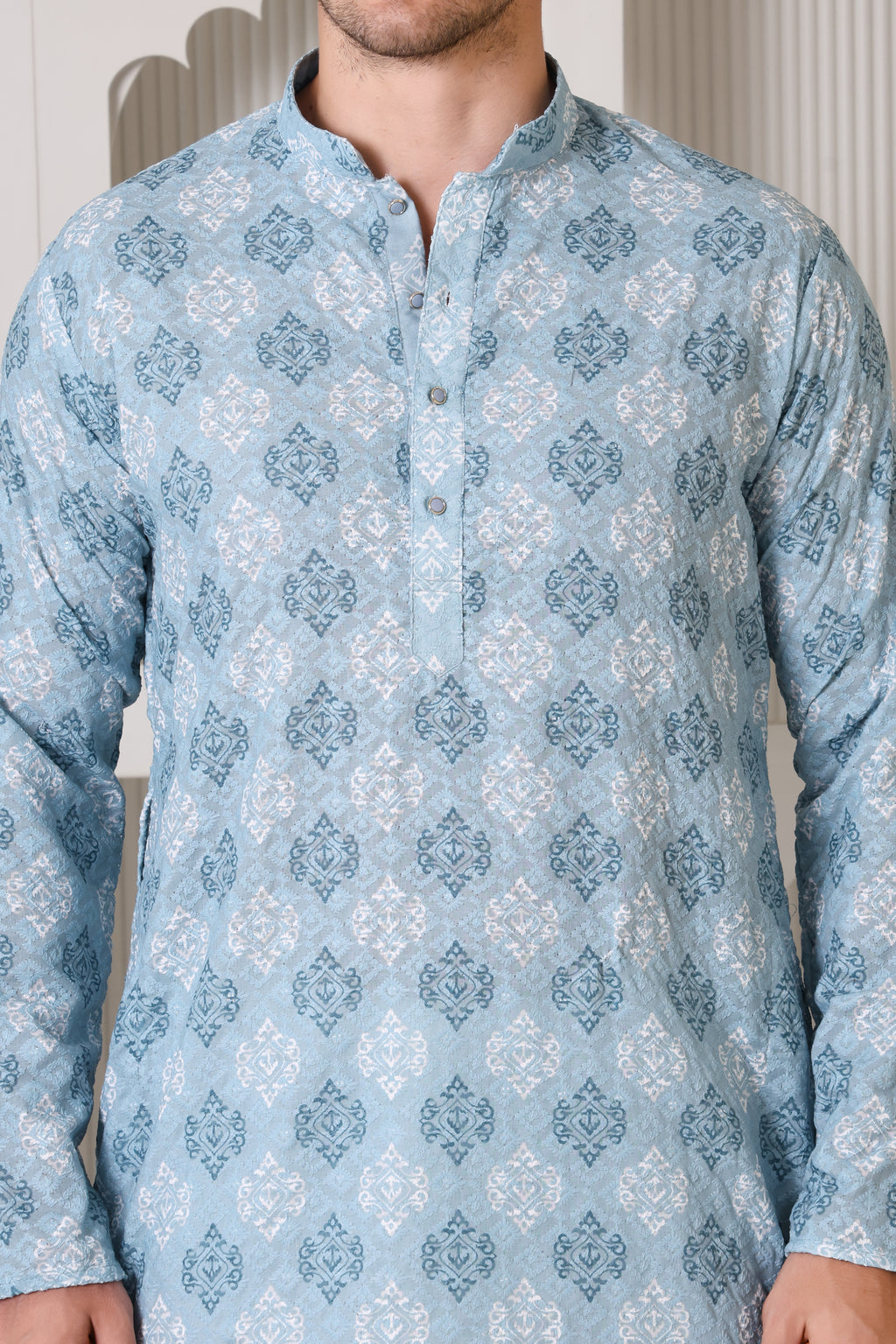 Sky Blue and White Printed Cotton Kurta Set with White Pajama