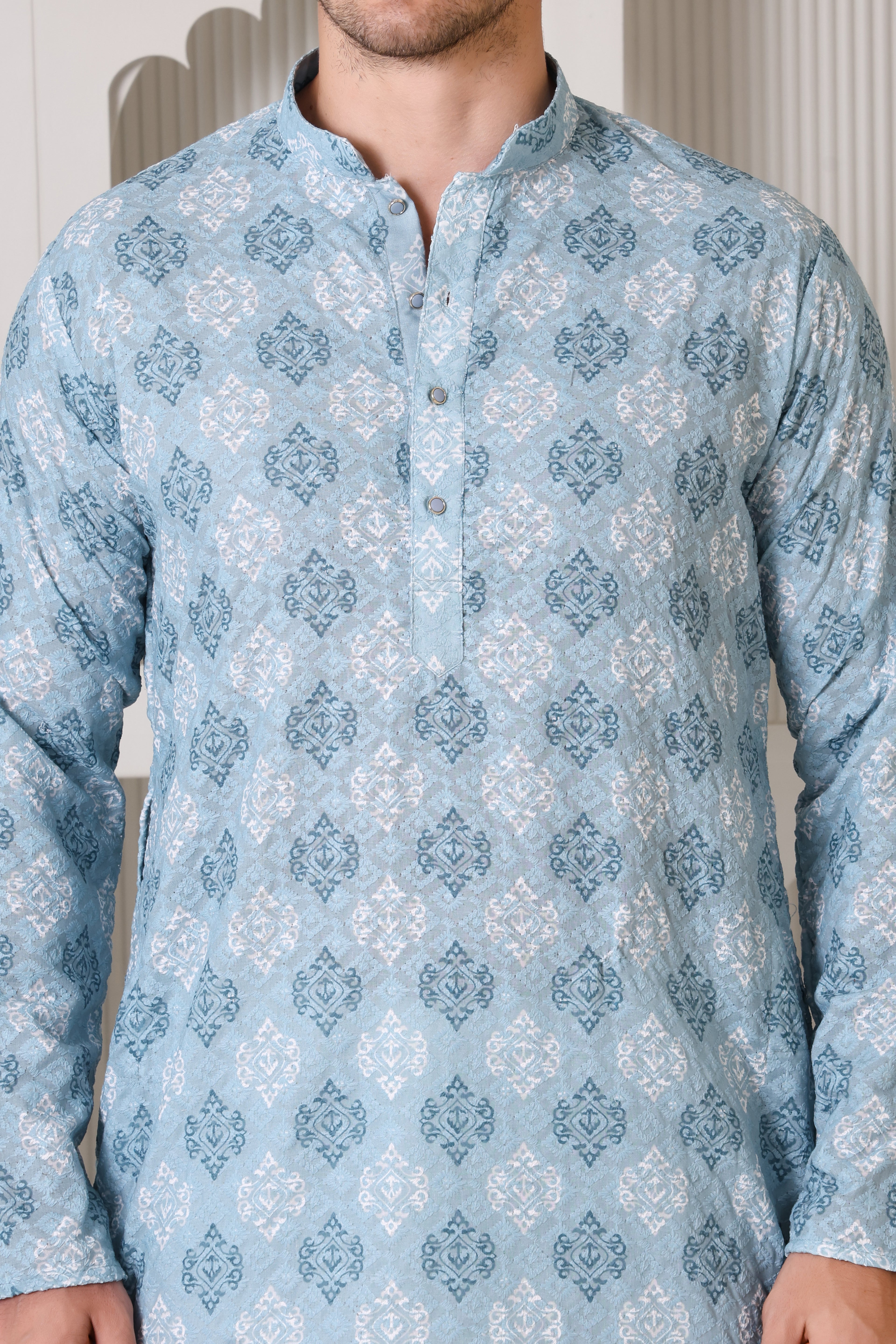 Sky Blue and White Printed Cotton Kurta Set with White Pajama