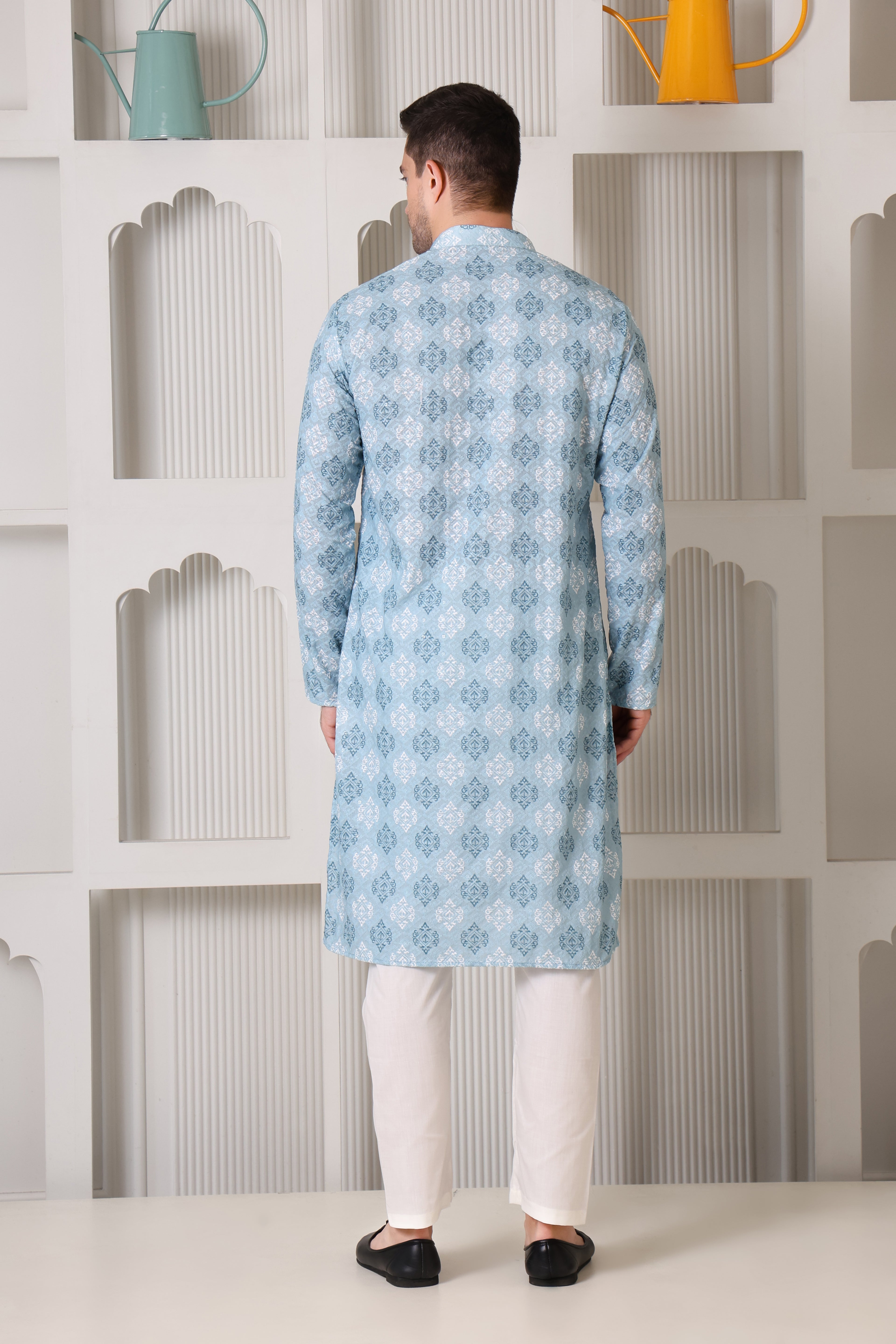 Sky Blue and White Printed Cotton Kurta Set with White Pajama