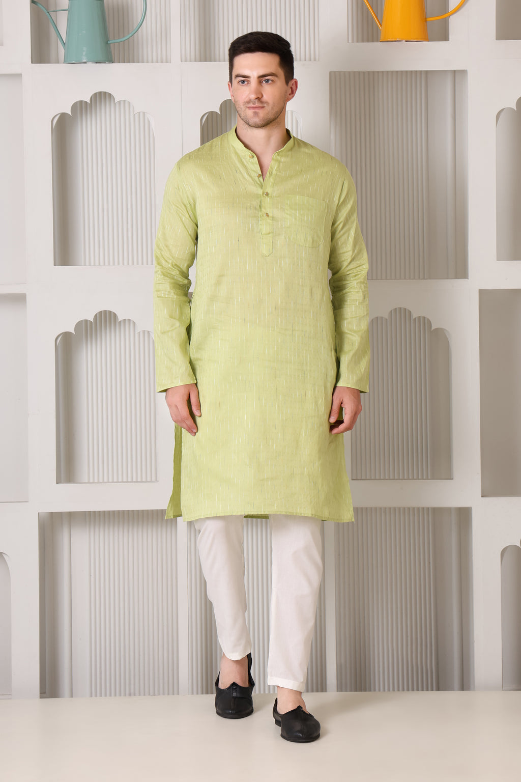 Light Green Pure Cotton Kurta Set with Subtle Striped Weave