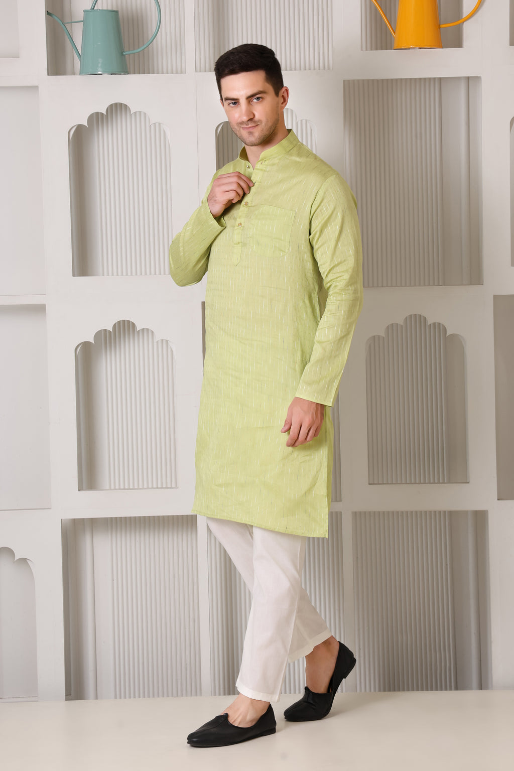 Light Green Pure Cotton Kurta Set with Subtle Striped Weave