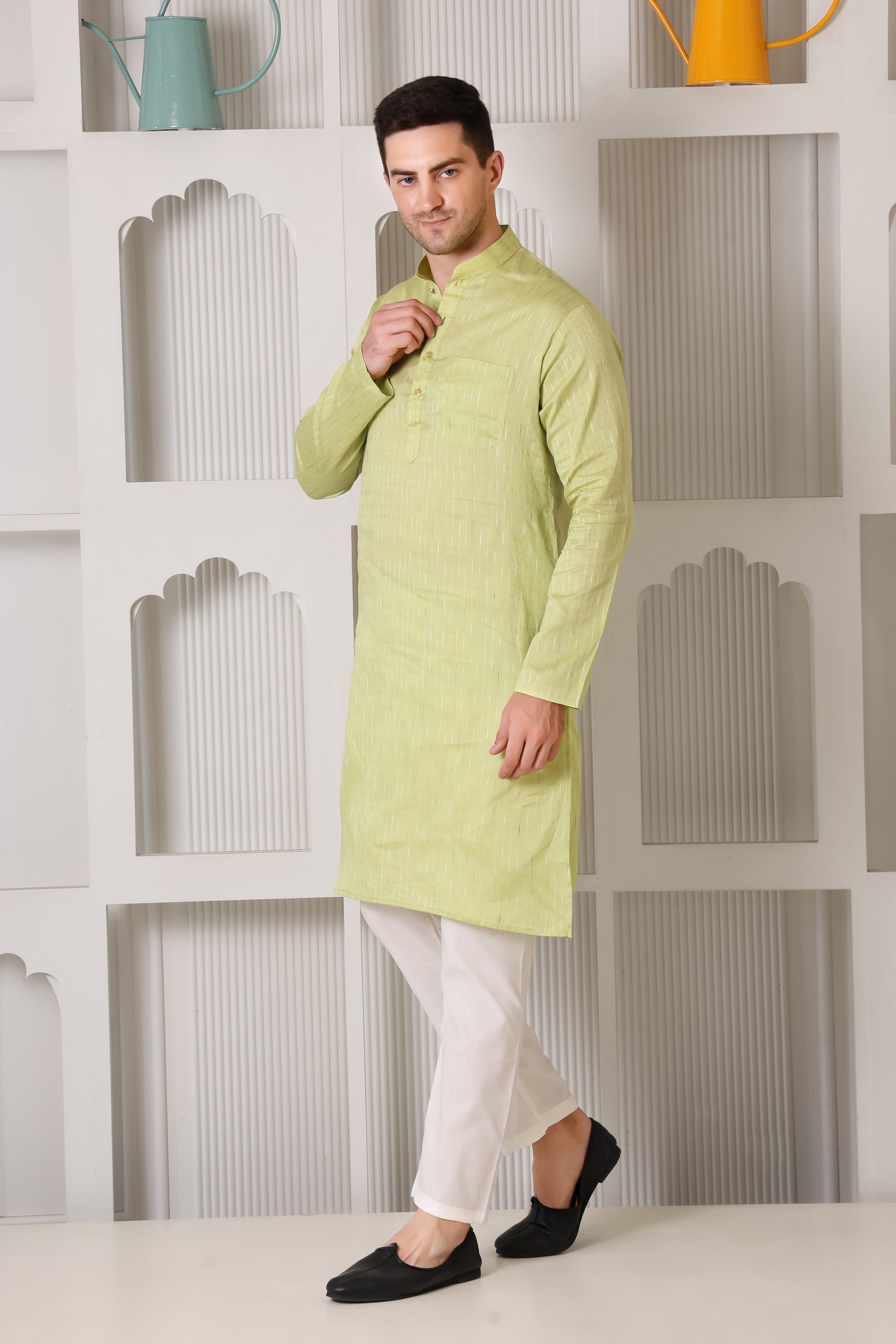Light Green Pure Cotton Kurta Set with Subtle Striped Weave