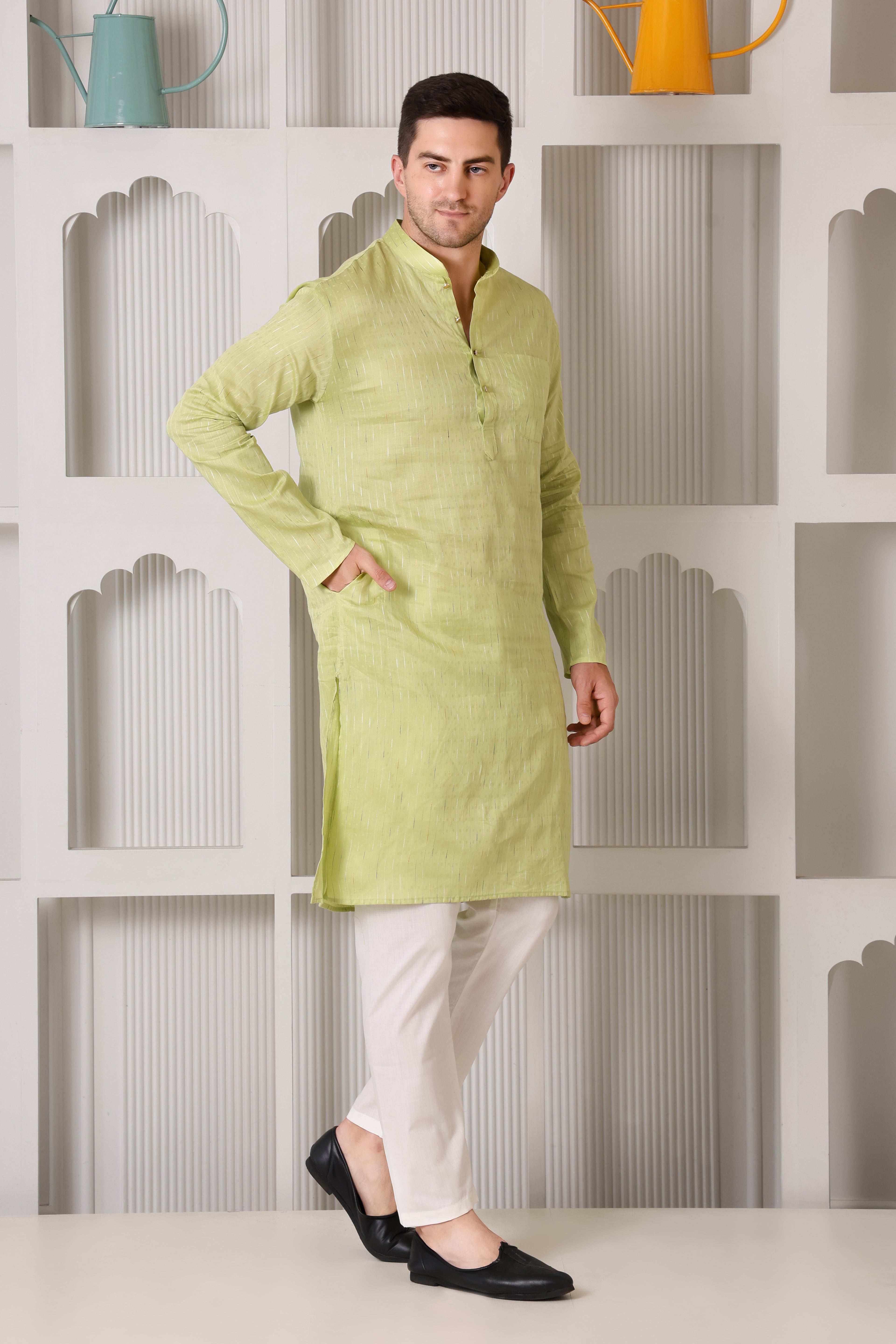 Light Green Pure Cotton Kurta Set with Subtle Striped Weave