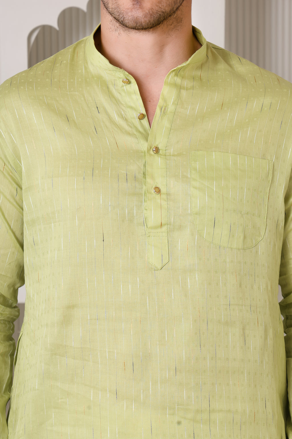 Light Green Pure Cotton Kurta Set with Subtle Striped Weave