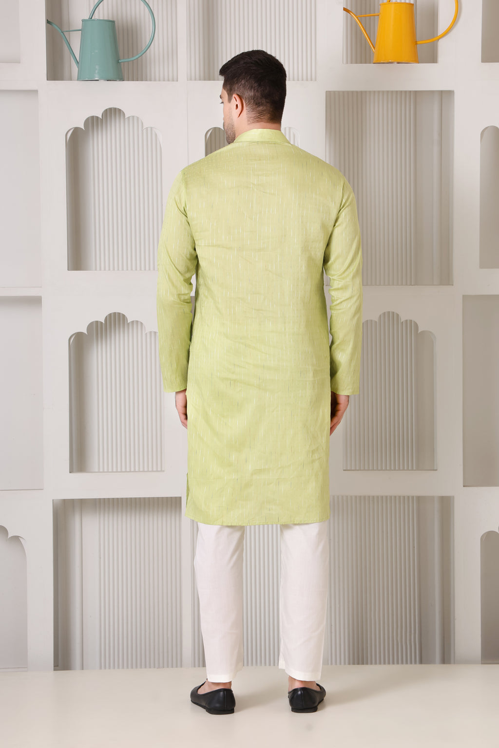 Light Green Pure Cotton Kurta Set with Subtle Striped Weave