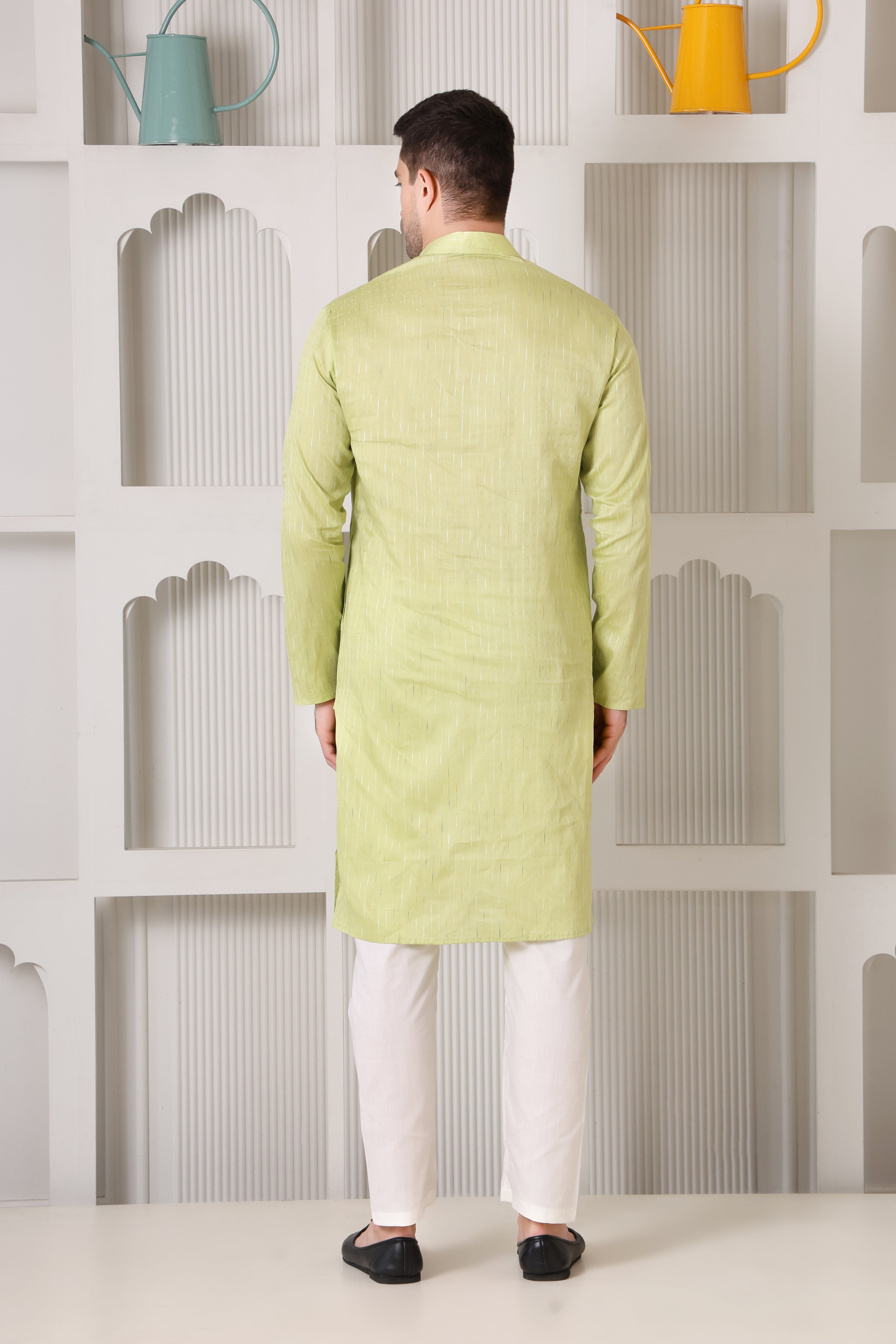 Light Green Pure Cotton Kurta Set with Subtle Striped Weave