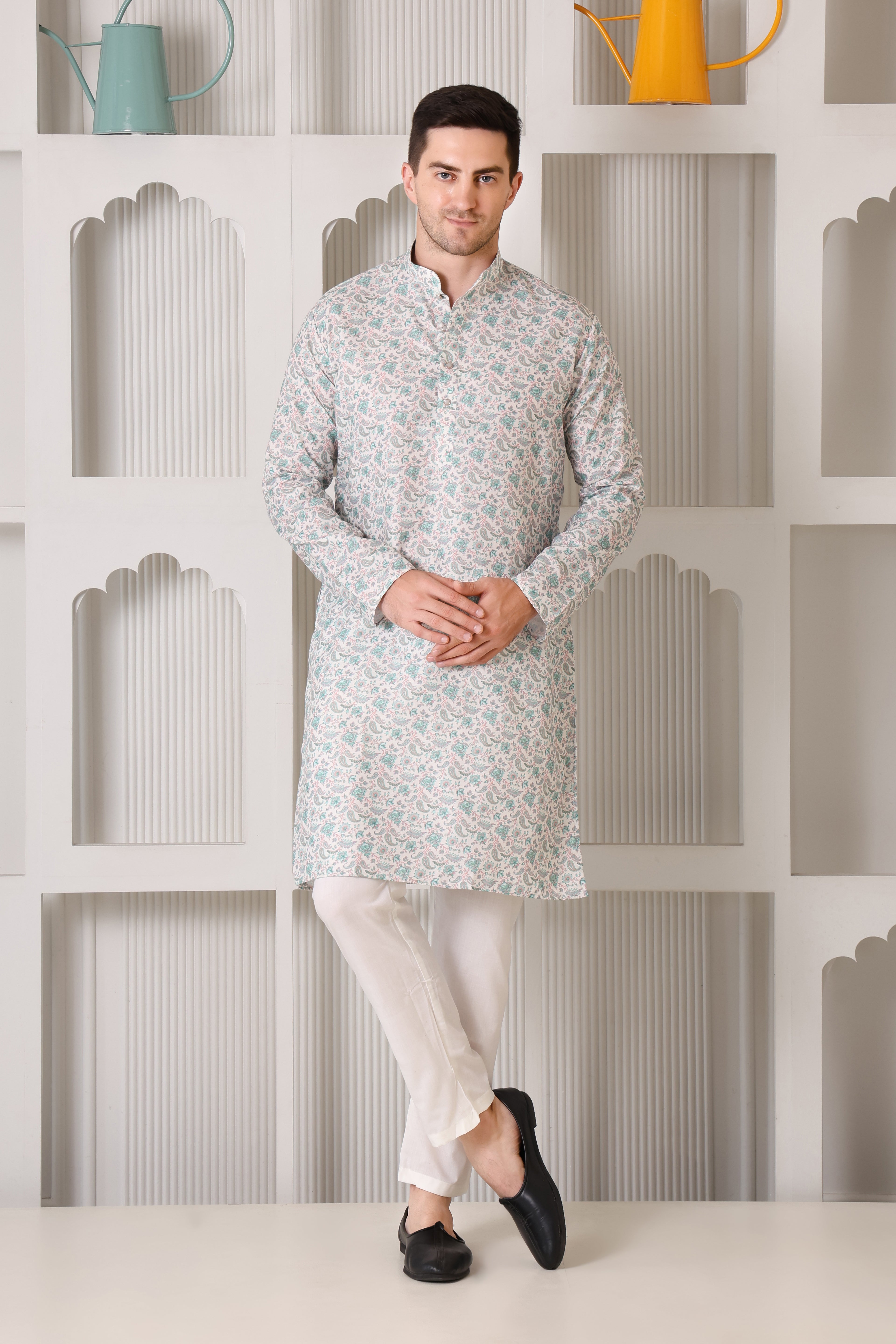 Pastel Floral Printed White and Green Cotton Kurta Set with White Pajama