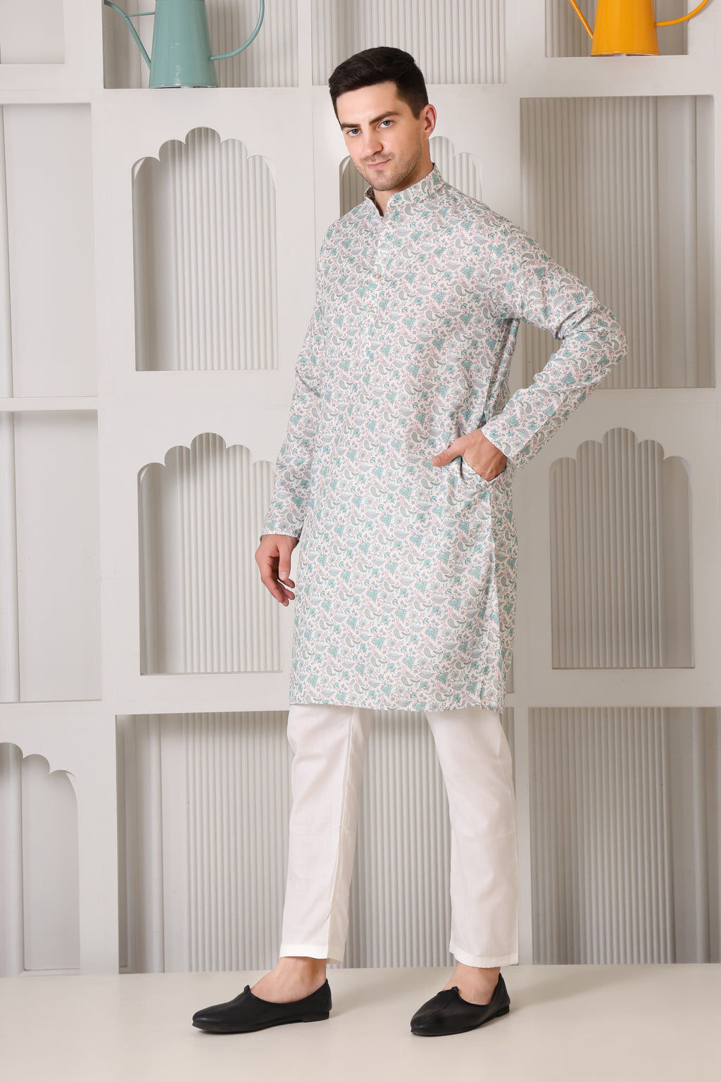 Pastel Floral Printed White and Green Cotton Kurta Set with White Pajama