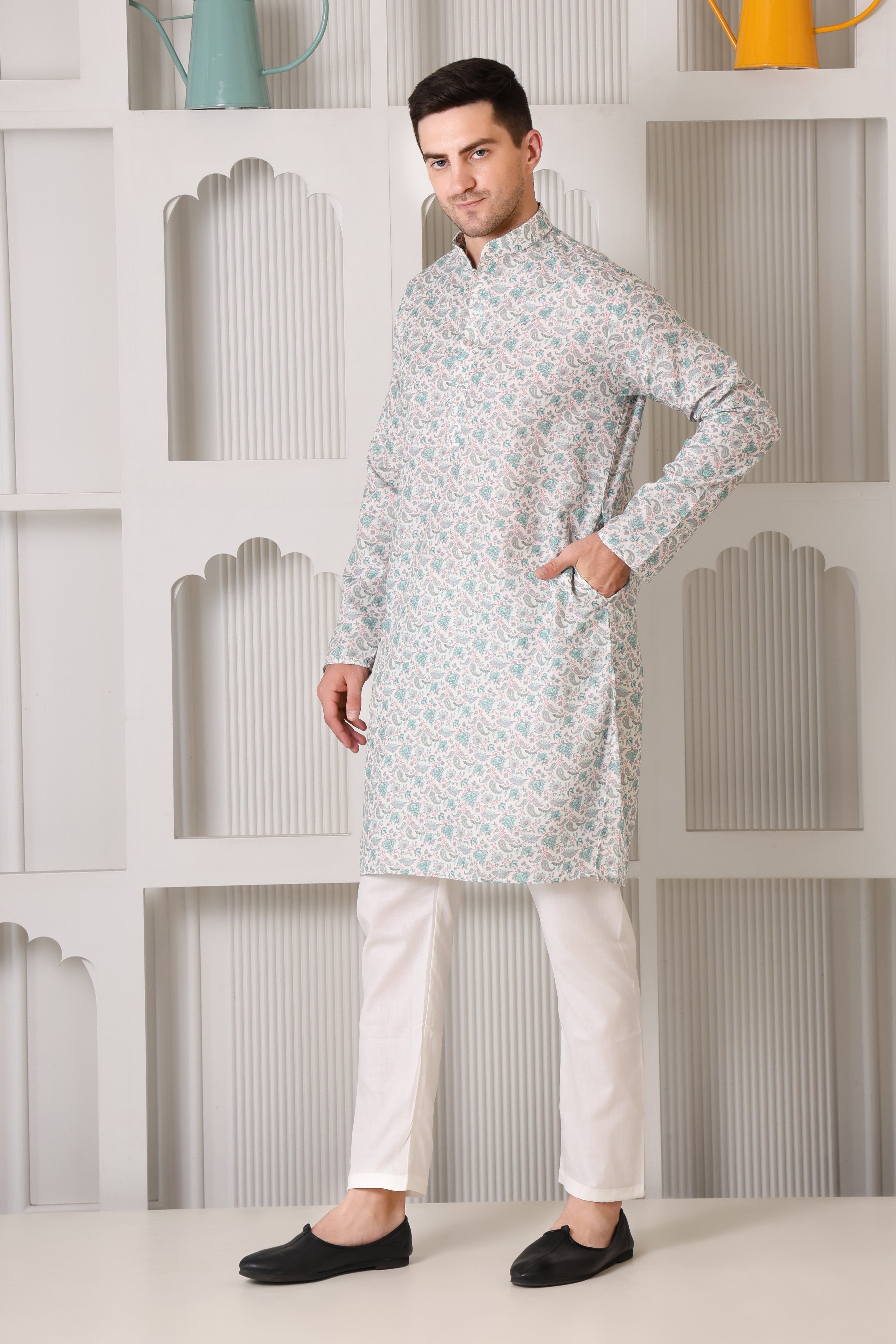 Pastel Floral Printed White and Green Cotton Kurta Set with White Pajama