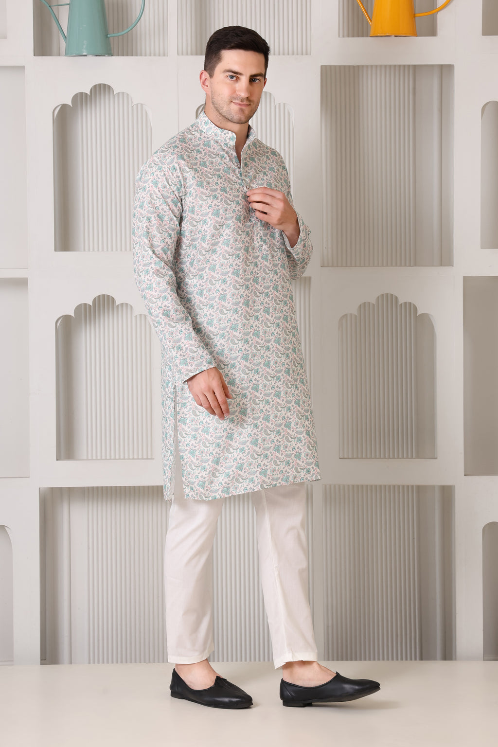 Pastel Floral Printed White and Green Cotton Kurta Set with White Pajama