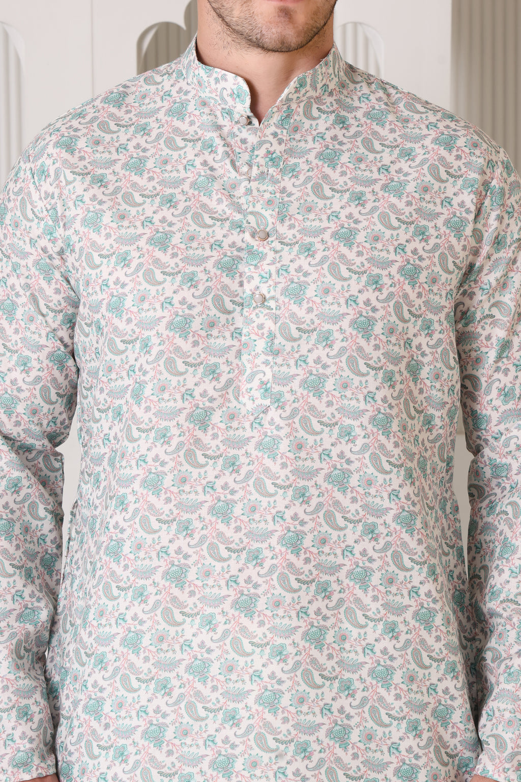 Pastel Floral Printed White and Green Cotton Kurta Set with White Pajama