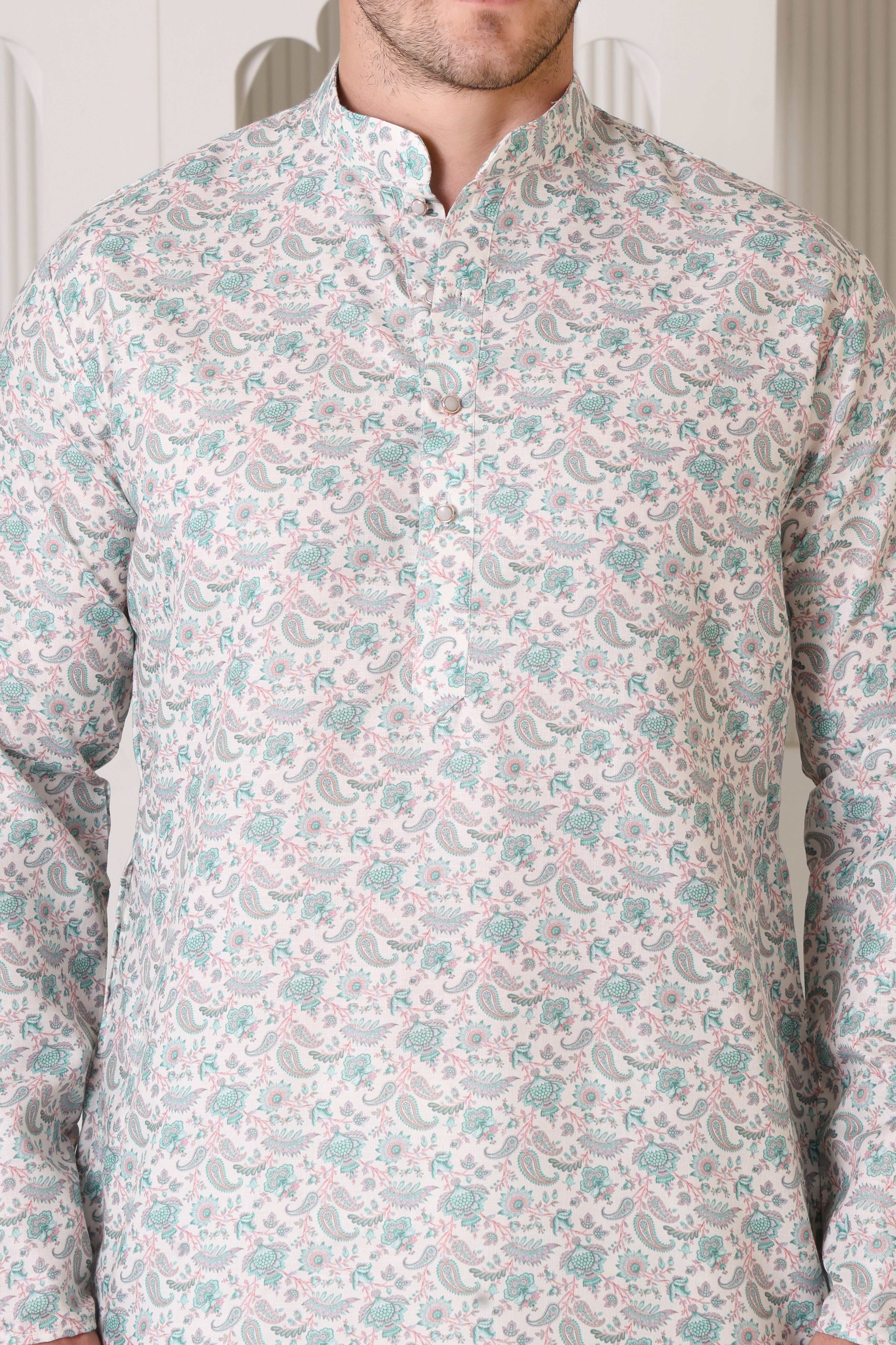 Pastel Floral Printed White and Green Cotton Kurta Set with White Pajama